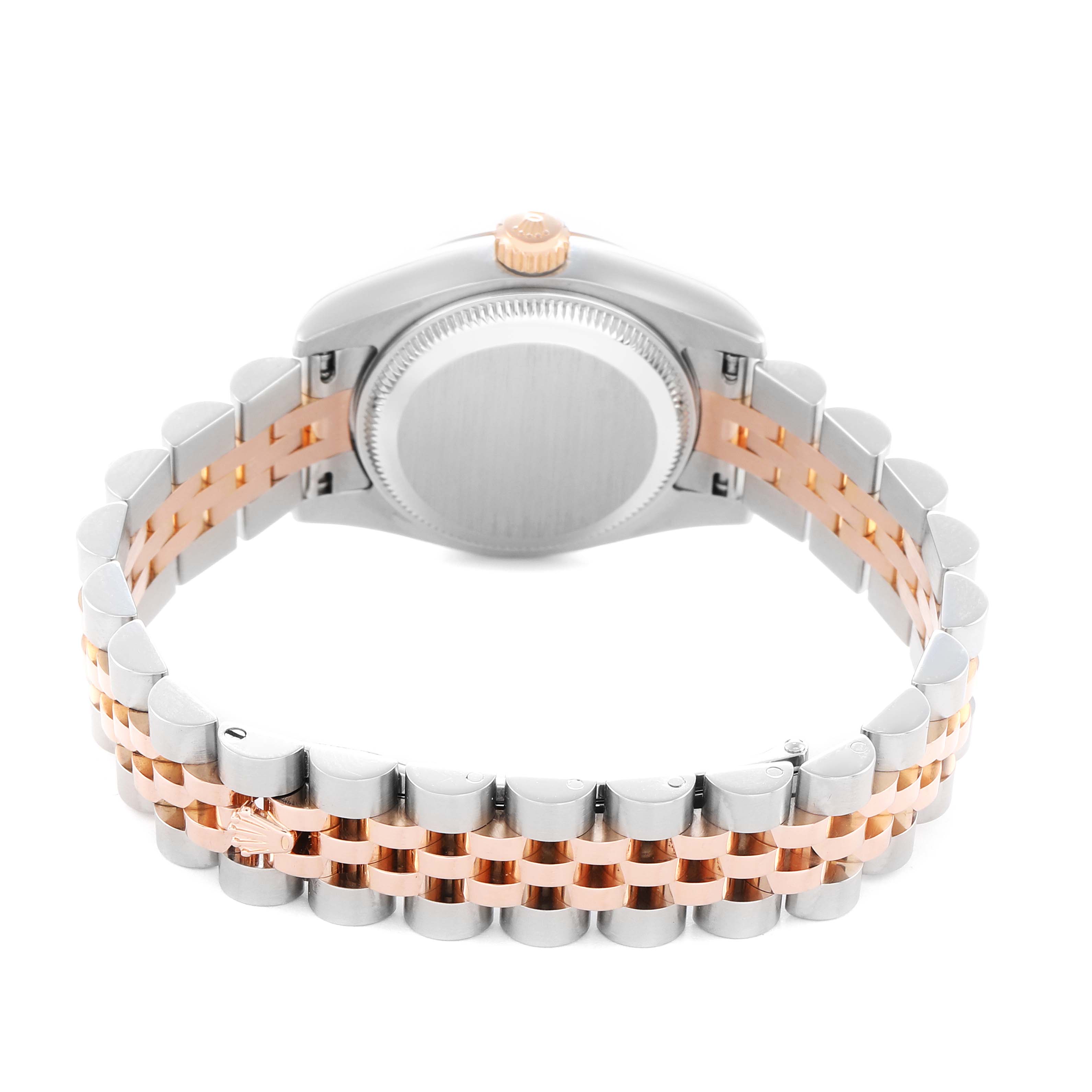 The image shows the back of a Rolex Datejust 179161 Women
s Steel and Gold (two tone) Pink Dial watch, highlighting the case back and two-tone bracelet.