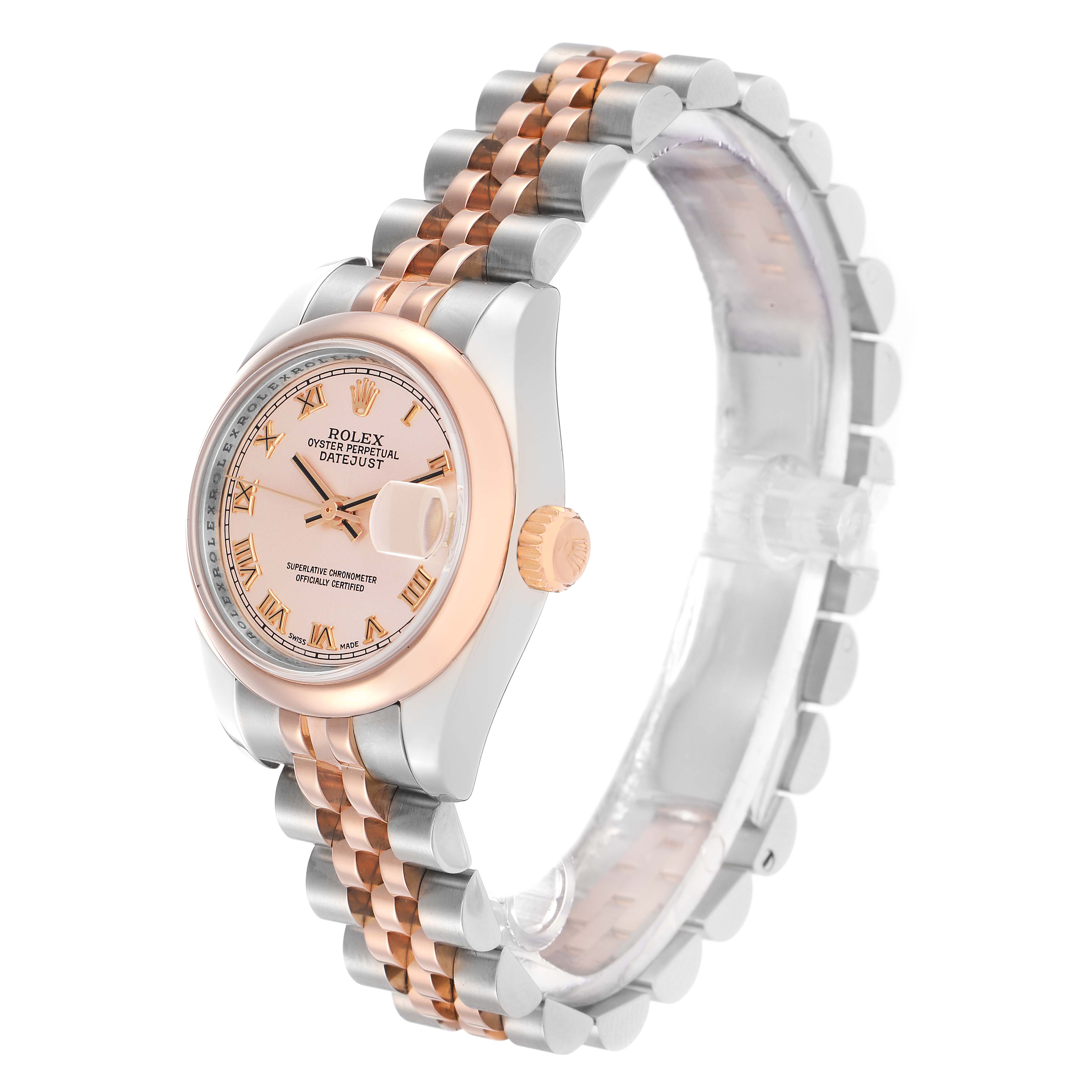 The image shows a Rolex Datejust 179161 Women
s Steel and Gold (two tone) Pink Dial watch at a slight side angle, displaying the face, crown, and two-tone bracelet.