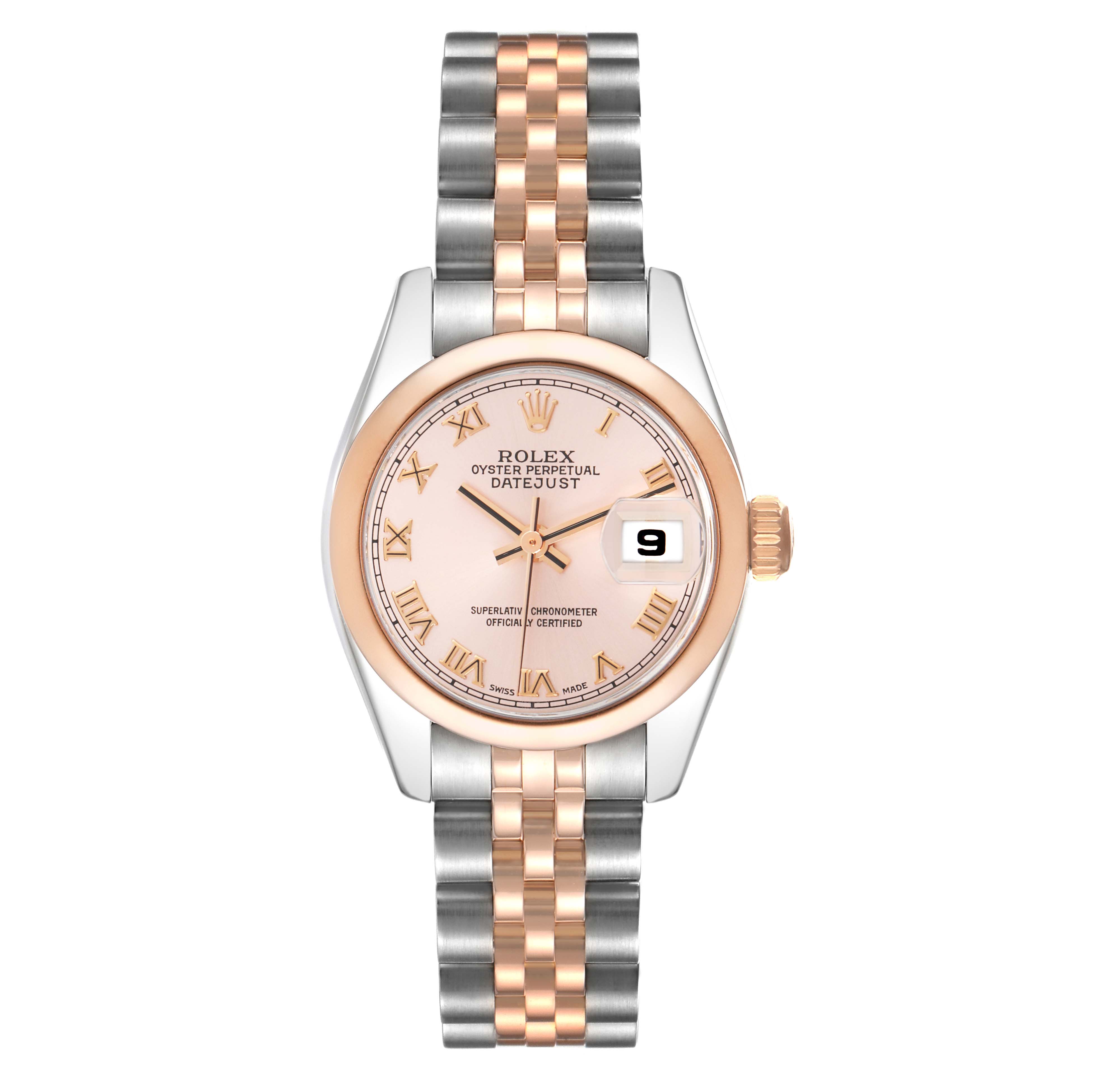 The Rolex Datejust 179161 Women
s Steel and Gold (two tone) Pink Dial watch is shown from a top-down angle, featuring its dial, bezel, and two-tone bracelet.