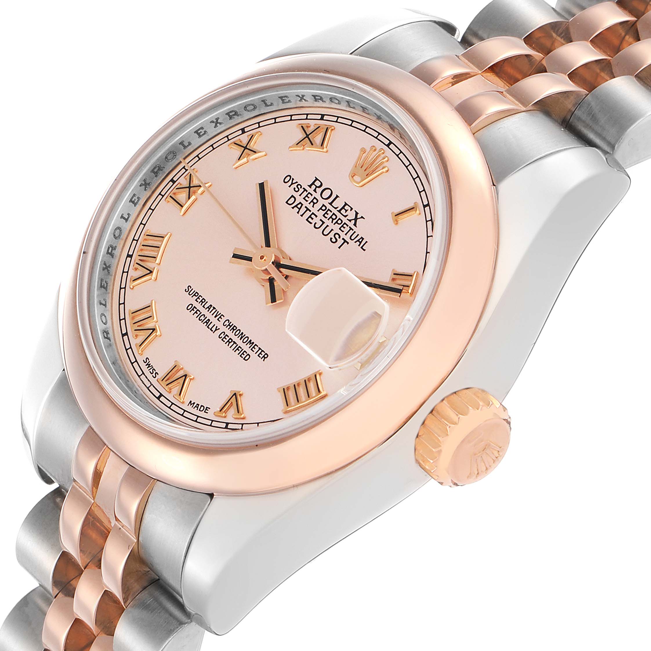 The Rolex Datejust 179161 Women
s Steel and Gold (two tone) Pink Dial is shown at an angle highlighting the face, bezel, crown, and part of the two-tone bracelet.