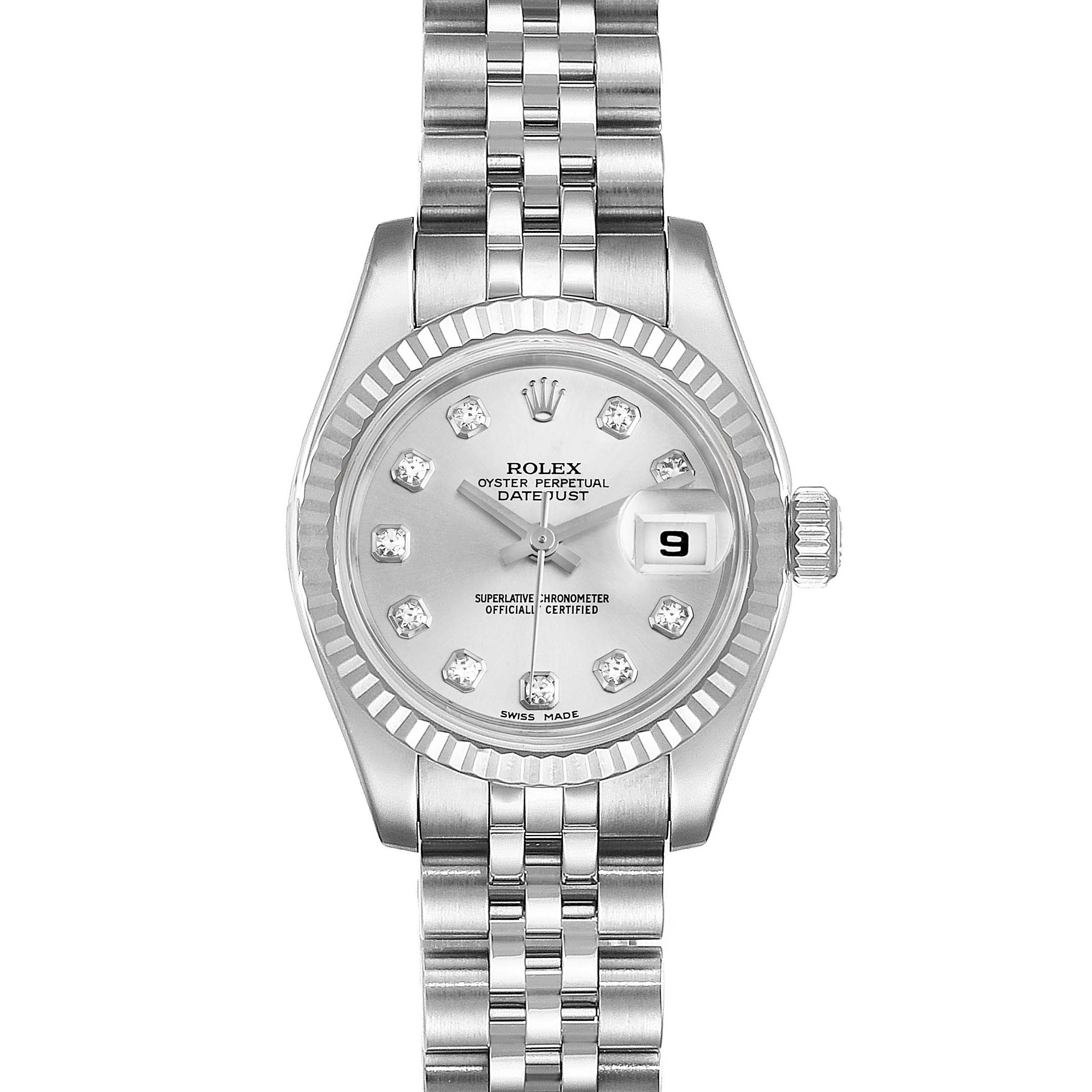 This is a Rolex Datejust 179174  Women
s Stainless Steel Silver Dial 179174  Women
s Stainless Steel Silver Dial watch shown from a front angle, highlighting the face, bezel, and bracelet.