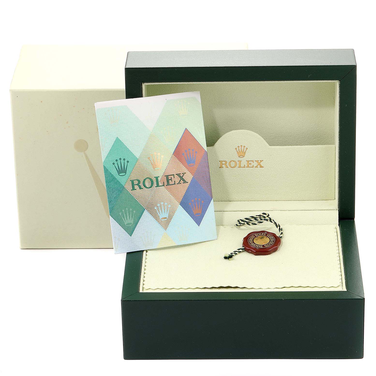 This image shows the box, booklet, tag, and interior packaging of a Rolex Datejust 179174  Women
s Stainless Steel Silver Dial 179174  Women
s Stainless Steel Silver Dial watch from a frontal angle.
