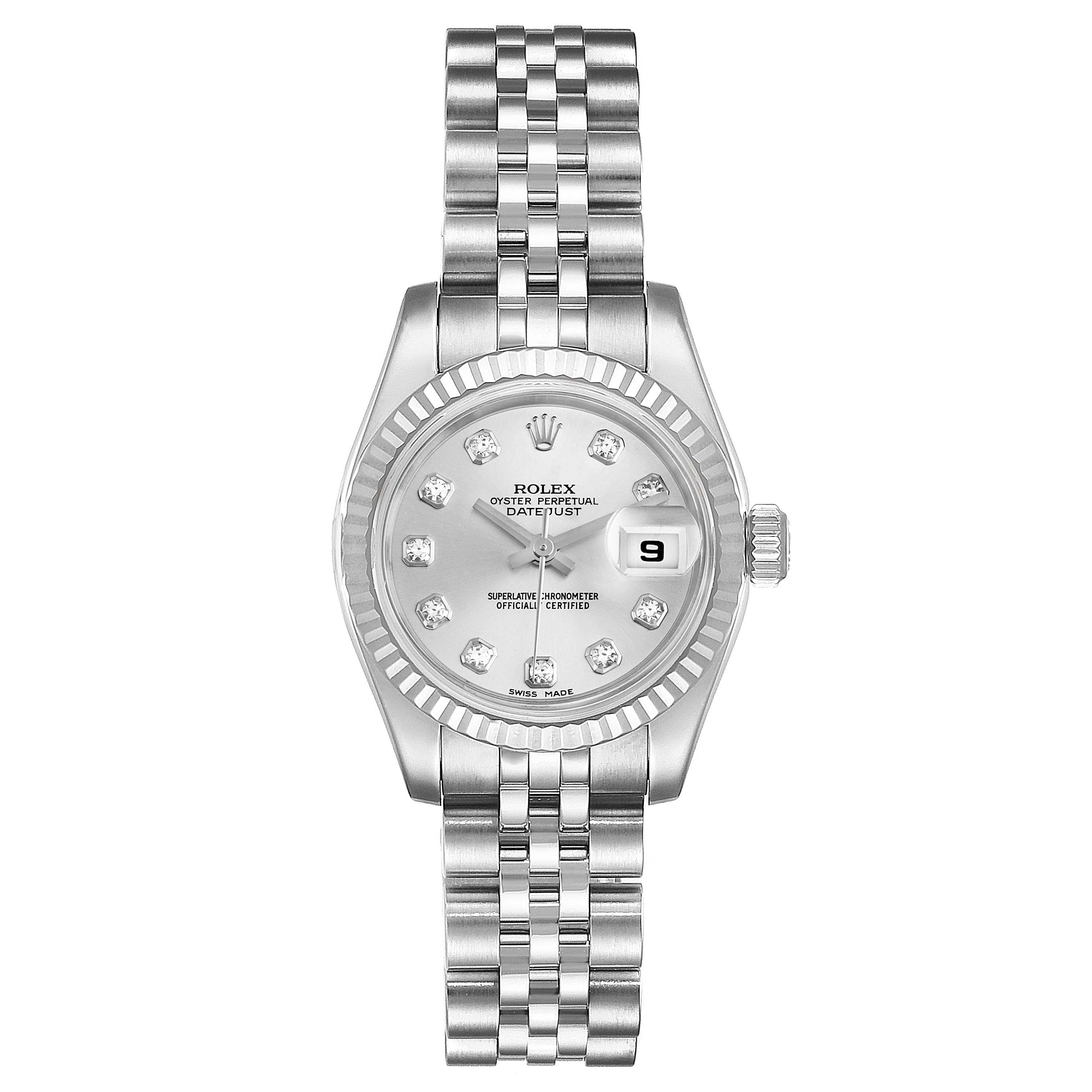 This image shows a front view of a Rolex Datejust 179174  Women
s Stainless Steel Silver Dial 179174  Women
s Stainless Steel Silver Dial model, displaying the face, bezel, and bracelet of the watch.