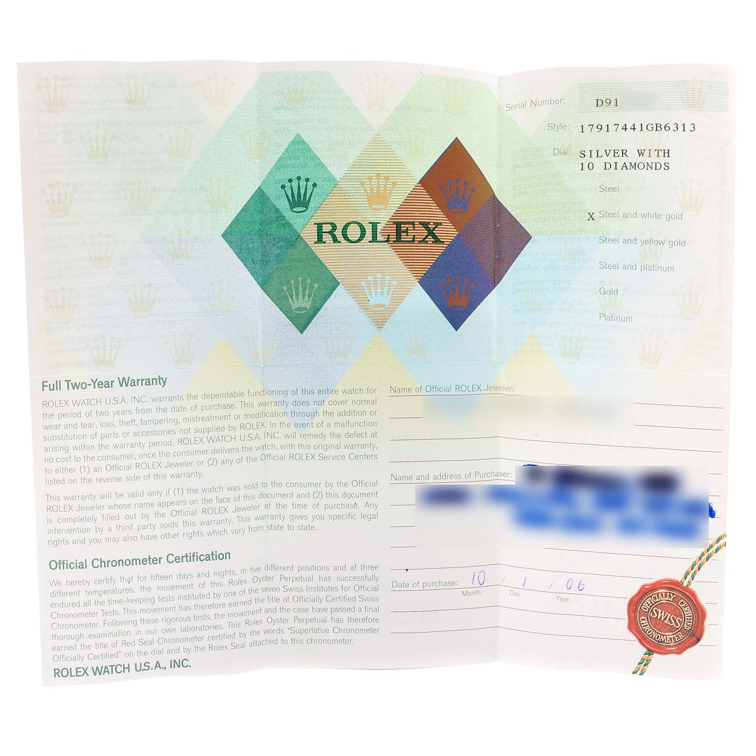 The image shows a warranty and certification card for the Rolex Datejust 179174  Women
s Stainless Steel Silver Dial 179174  Women
s Stainless Steel Silver Dial model watch.