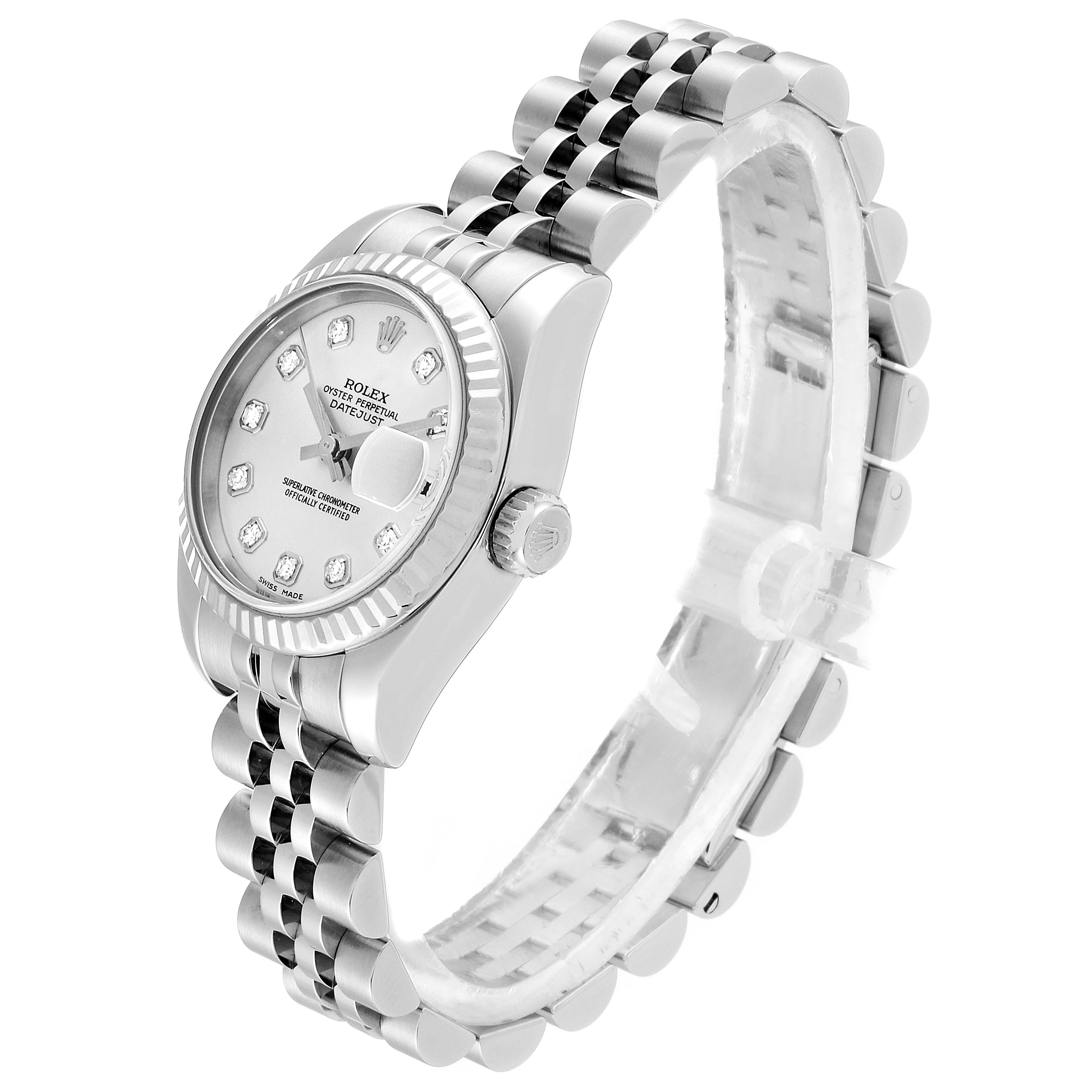 The Rolex Datejust 179174  Women
s Stainless Steel Silver Dial 179174  Women
s Stainless Steel Silver Dial watch is shown at a three-quarter angle, highlighting the dial and Jubilee bracelet.