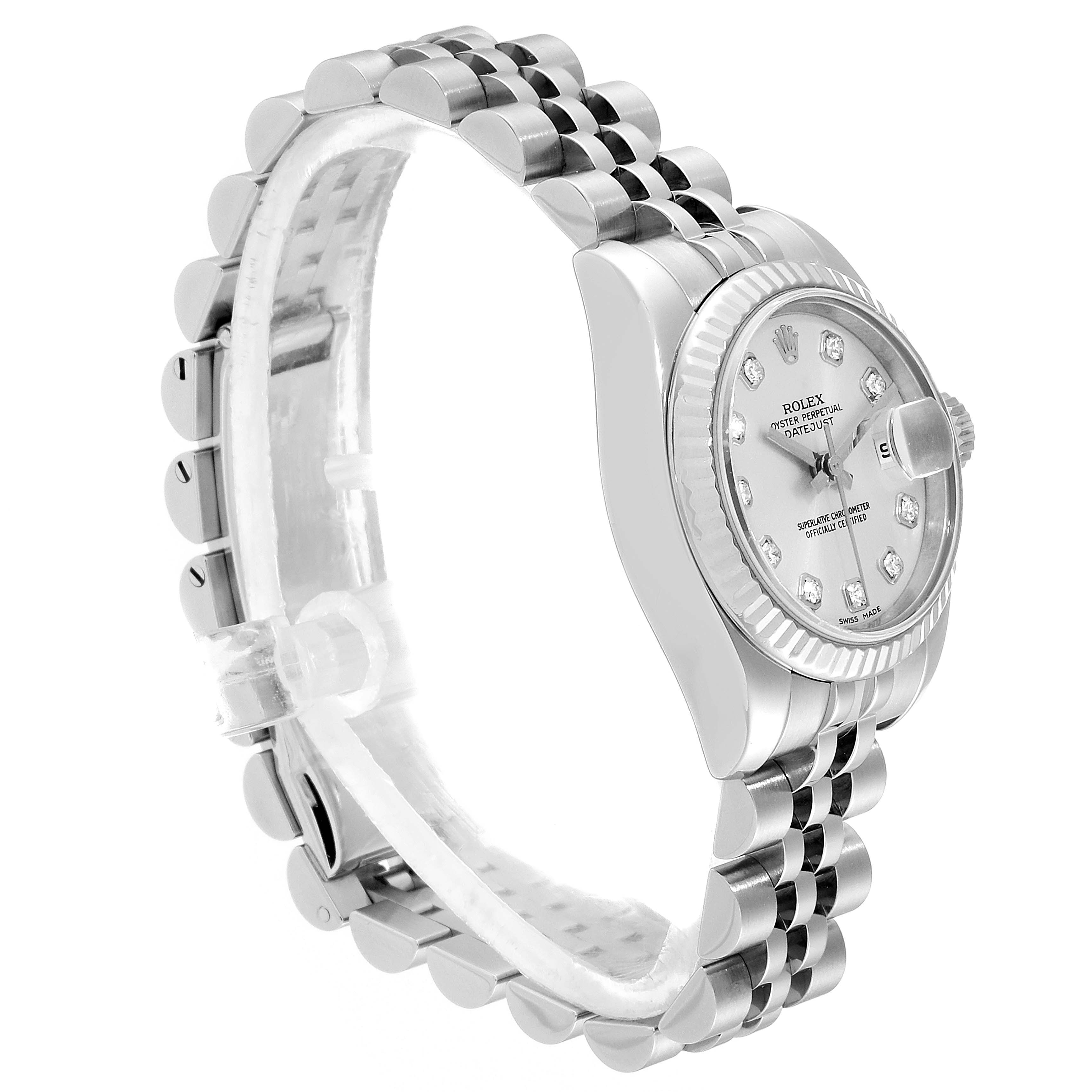 The image shows a side and partial front angle of a Rolex Datejust 179174  Women
s Stainless Steel Silver Dial 179174  Women
s Stainless Steel Silver Dial watch, highlighting its face, bezel, and bracelet.