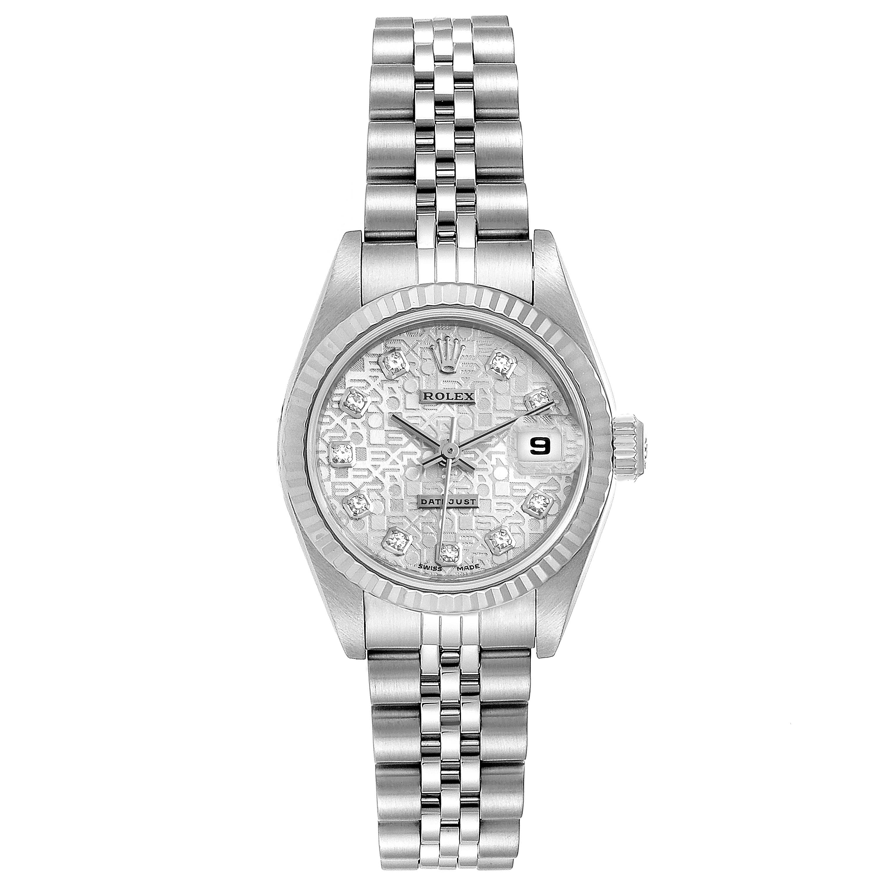 The image shows a full frontal view of a Rolex Datejust 79174 Women
s Stainless Steel Silver Dial 79174 Women
s Stainless Steel Silver Dial watch, displaying its bracelet, dial, hands, and date window.
