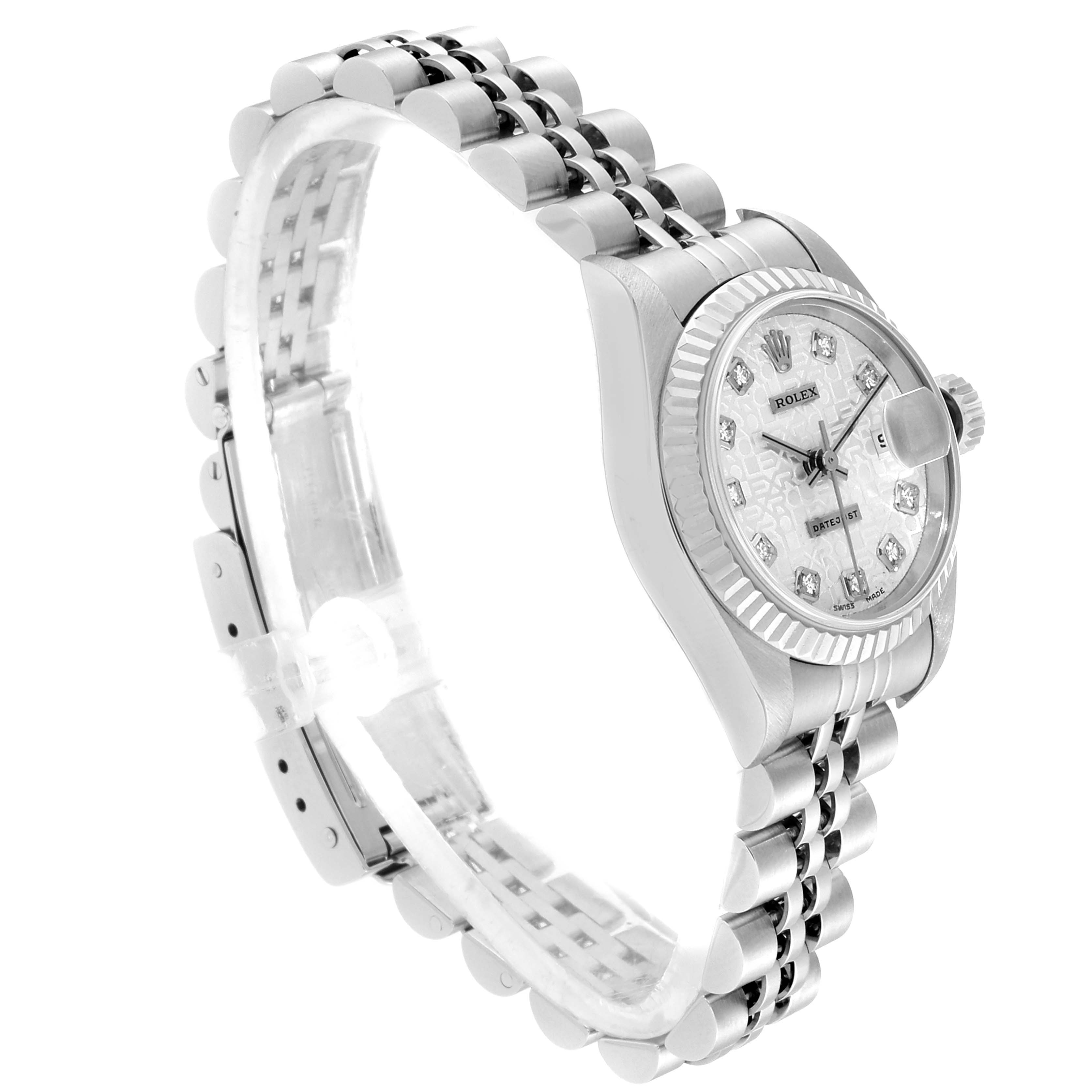 The image shows the side and front angle of a Rolex Datejust 79174 Women
s Stainless Steel Silver Dial 79174 Women
s Stainless Steel Silver Dial watch, focusing on its dial, bezel, and bracelet.