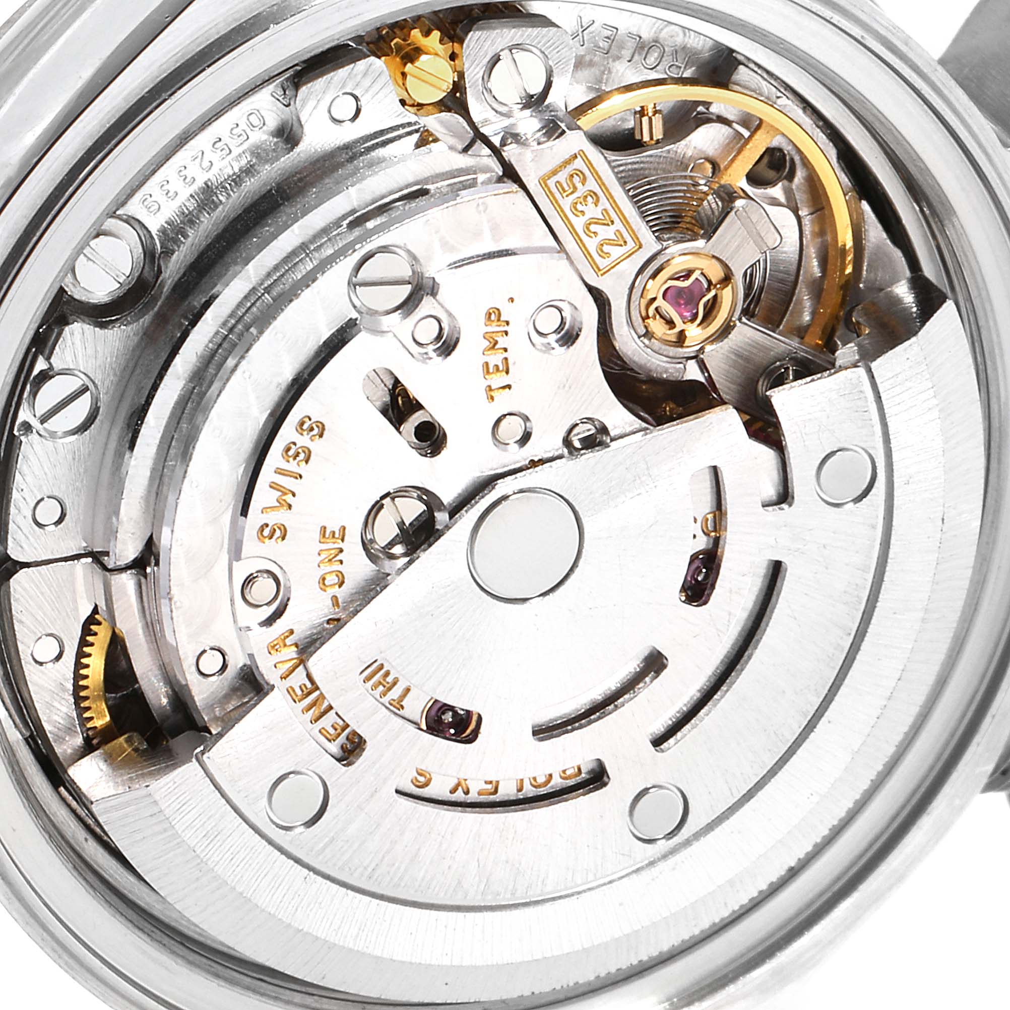 This image shows the intricate movement mechanism of the Rolex Datejust 79174 Women
s Stainless Steel Silver Dial 79174 Women
s Stainless Steel Silver Dial watch, viewed from the back.