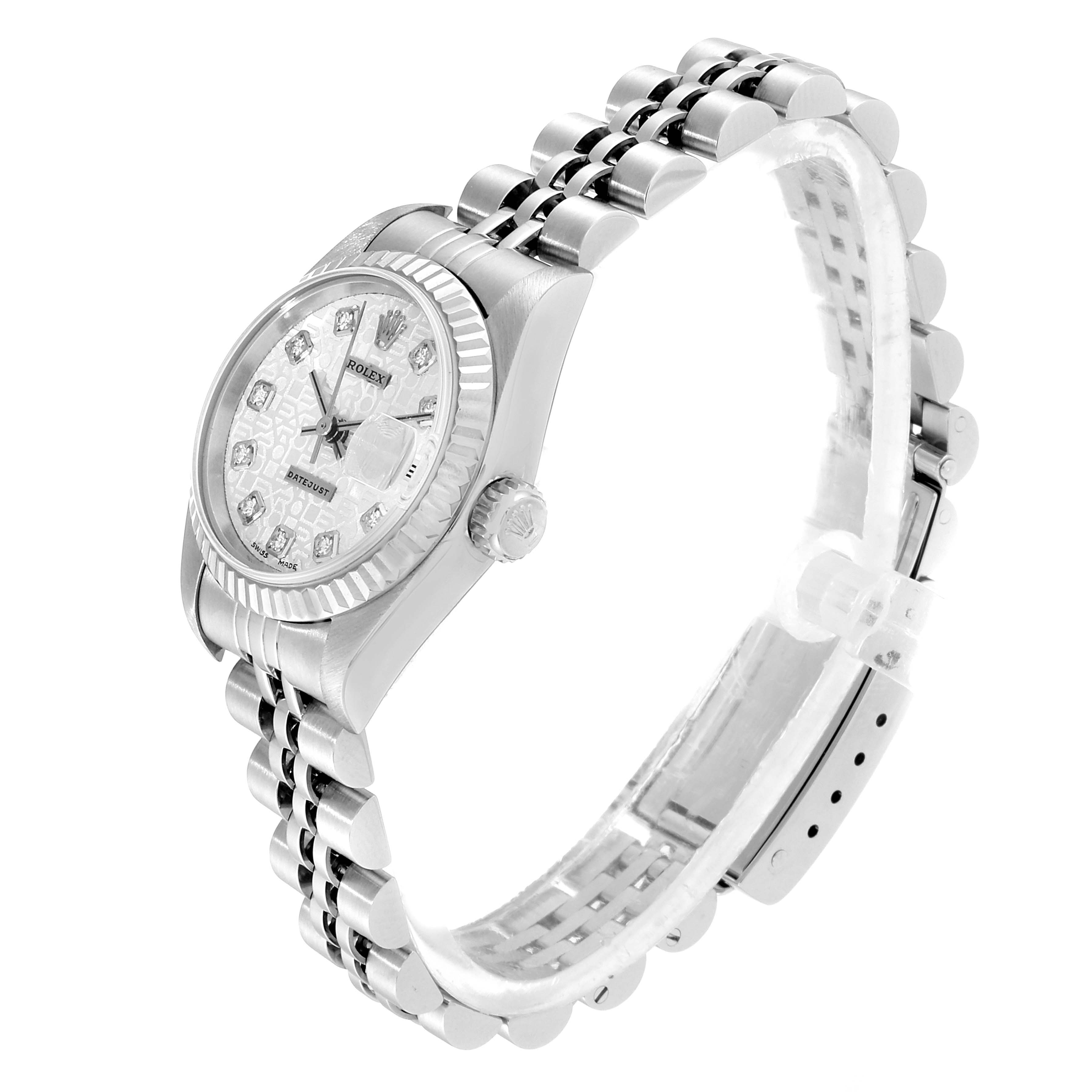 The Rolex Datejust 79174 Women
s Stainless Steel Silver Dial 79174 Women
s Stainless Steel Silver Dial watch is shown at a three-quarter angle, displaying the face, bezel, and bracelet.