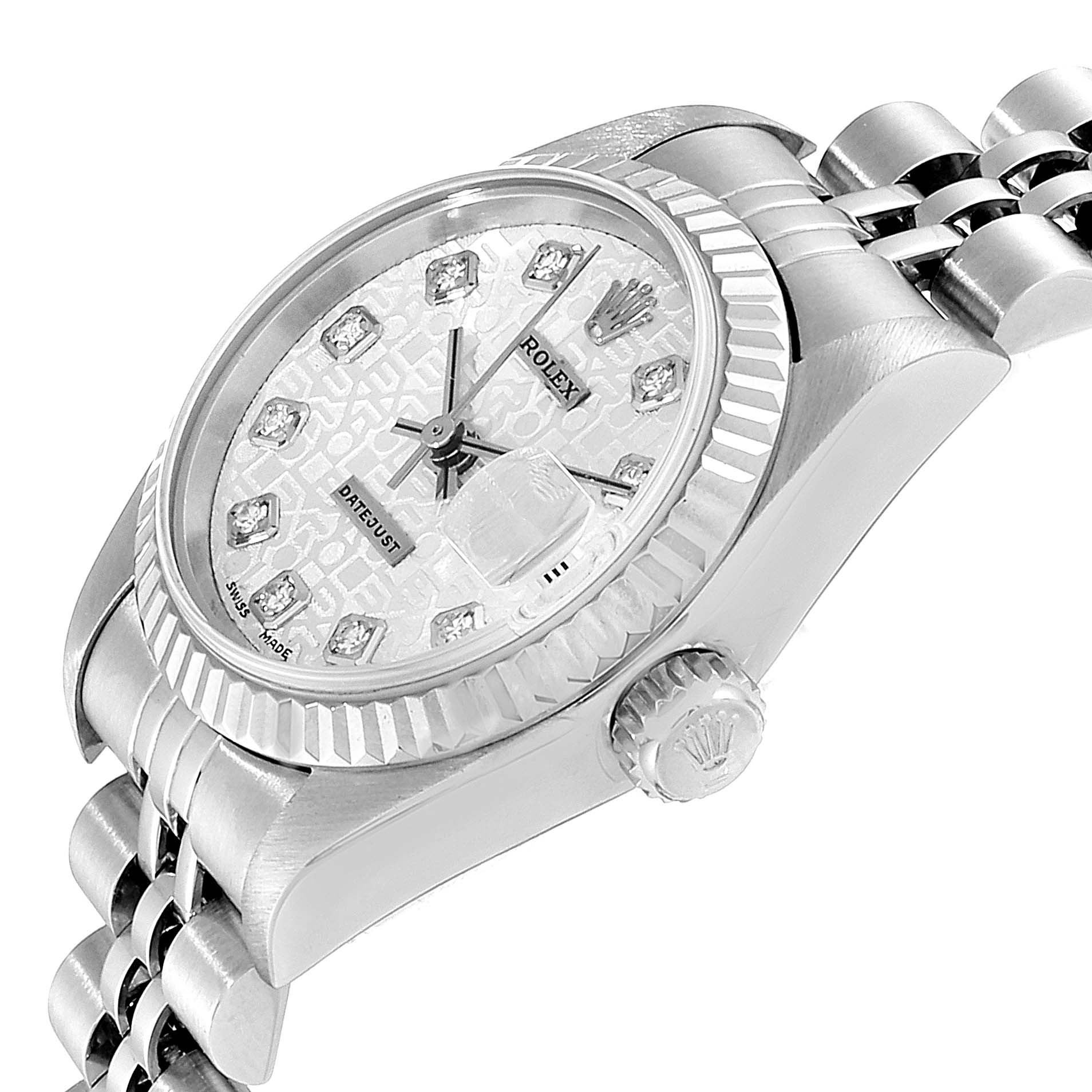The image shows a Rolex Datejust 79174 Women
s Stainless Steel Silver Dial 79174 Women
s Stainless Steel Silver Dial watch at an angle highlighting the crown, bezel, dial, and part of the bracelet.