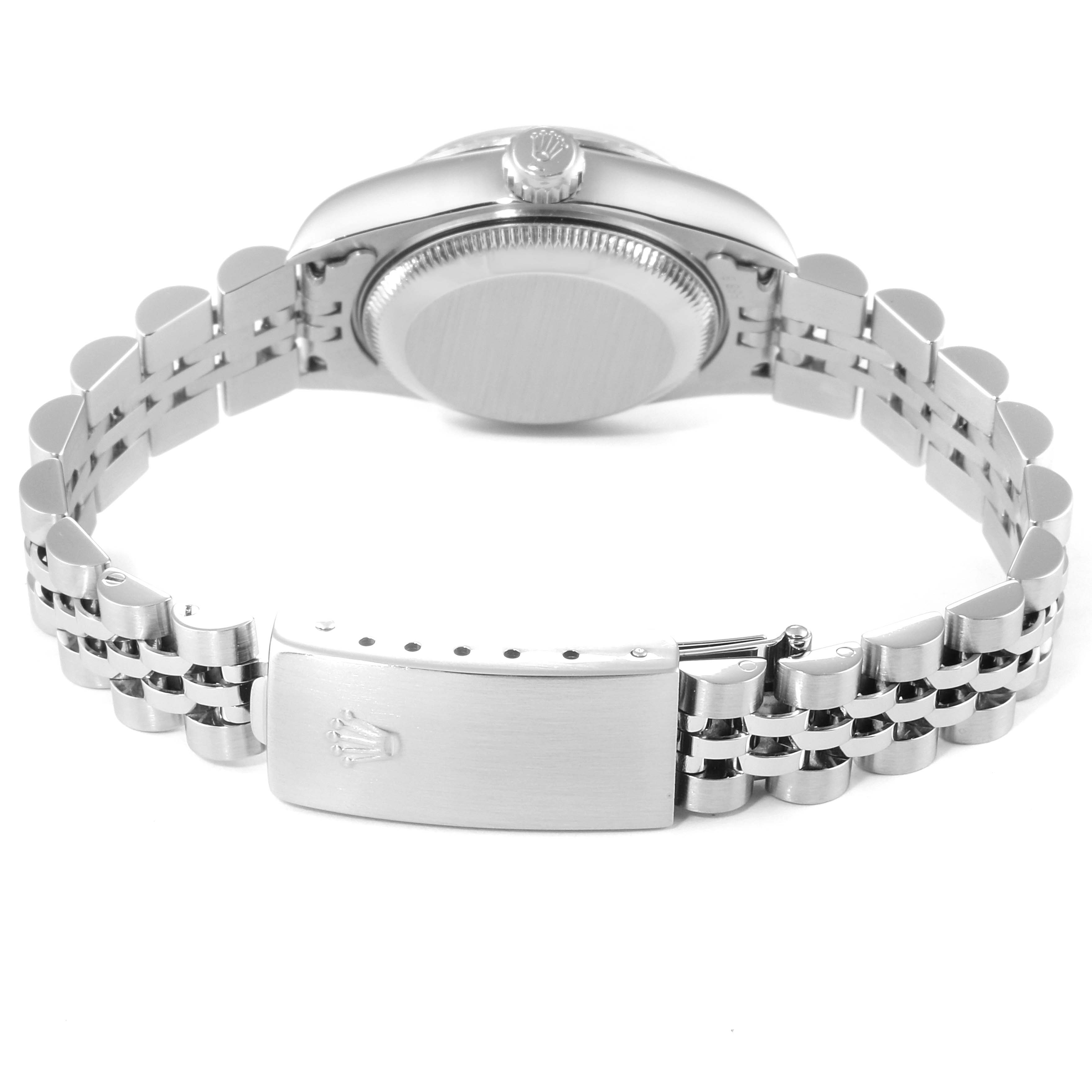 The image shows the back case and clasp of a Rolex Datejust 79174 Women
s Stainless Steel Silver Dial 79174 Women
s Stainless Steel Silver Dial watch, with its Jubilee bracelet fully extended.