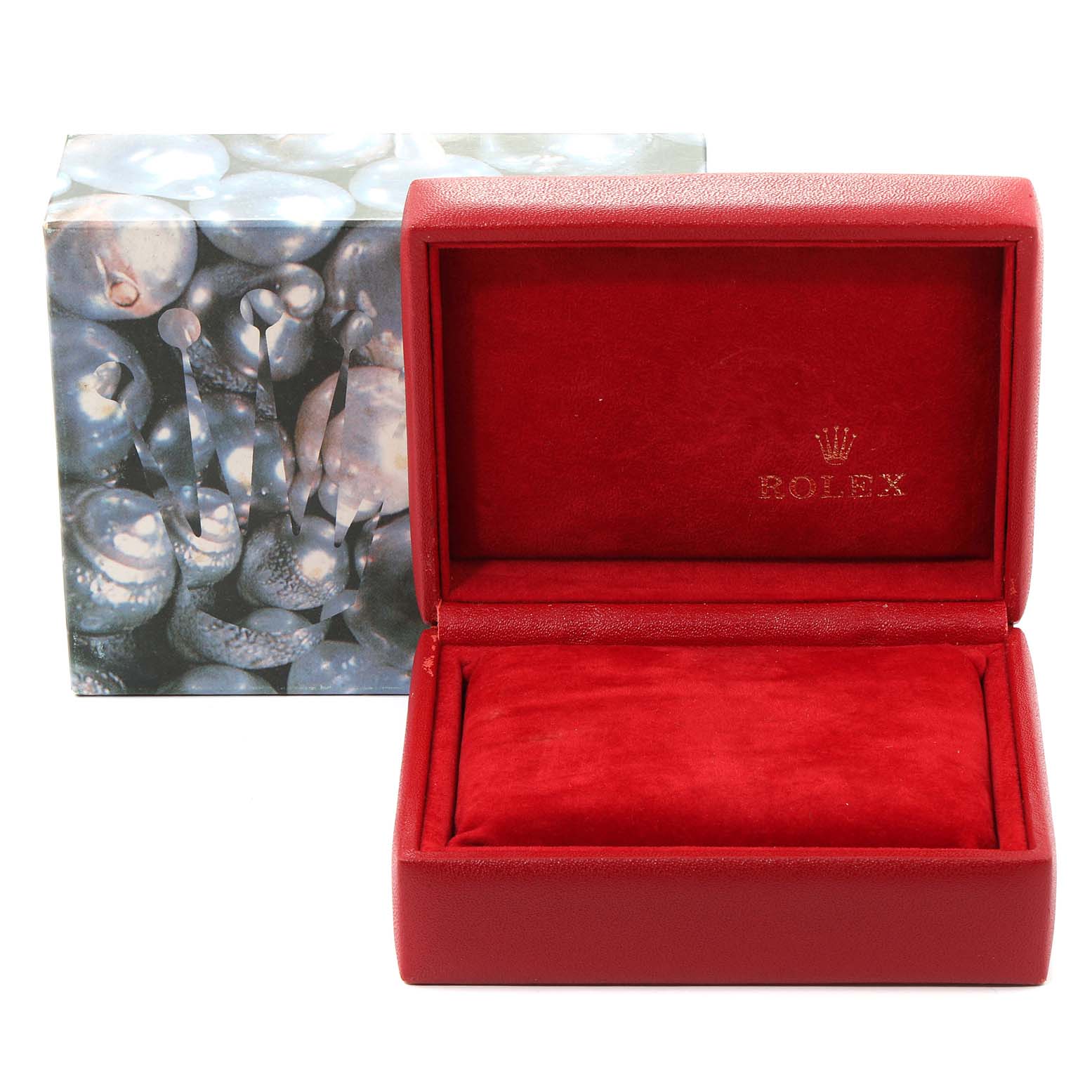 The image shows an empty red watch box for the Rolex Datejust 79174 Women
s Stainless Steel Silver Dial 79174 Women
s Stainless Steel Silver Dial model, with the outer carton in the background.