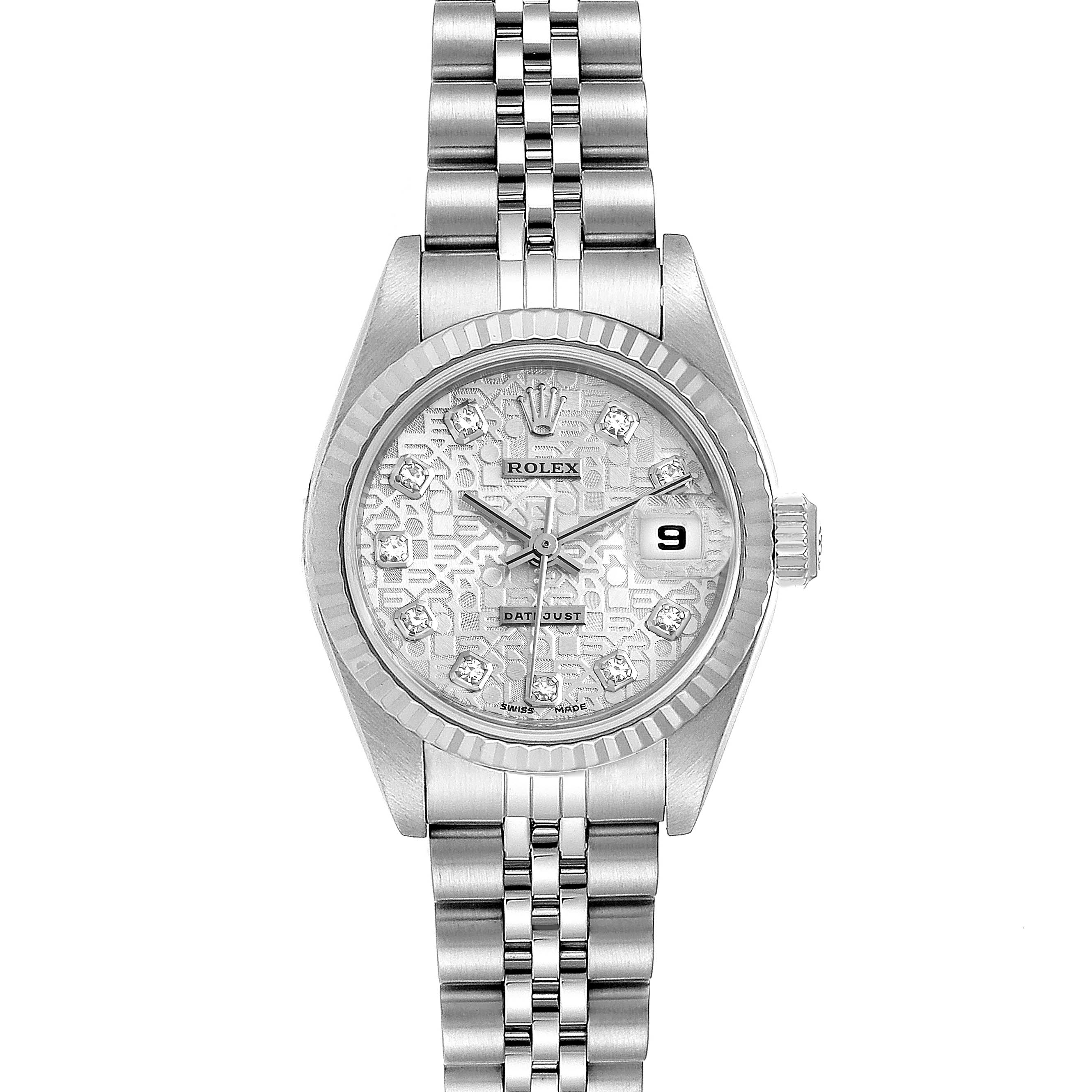The image shows a frontal view of the Rolex Datejust 79174 Women
s Stainless Steel Silver Dial 79174 Women
s Stainless Steel Silver Dial watch, including the dial, bezel, and part of the bracelet.