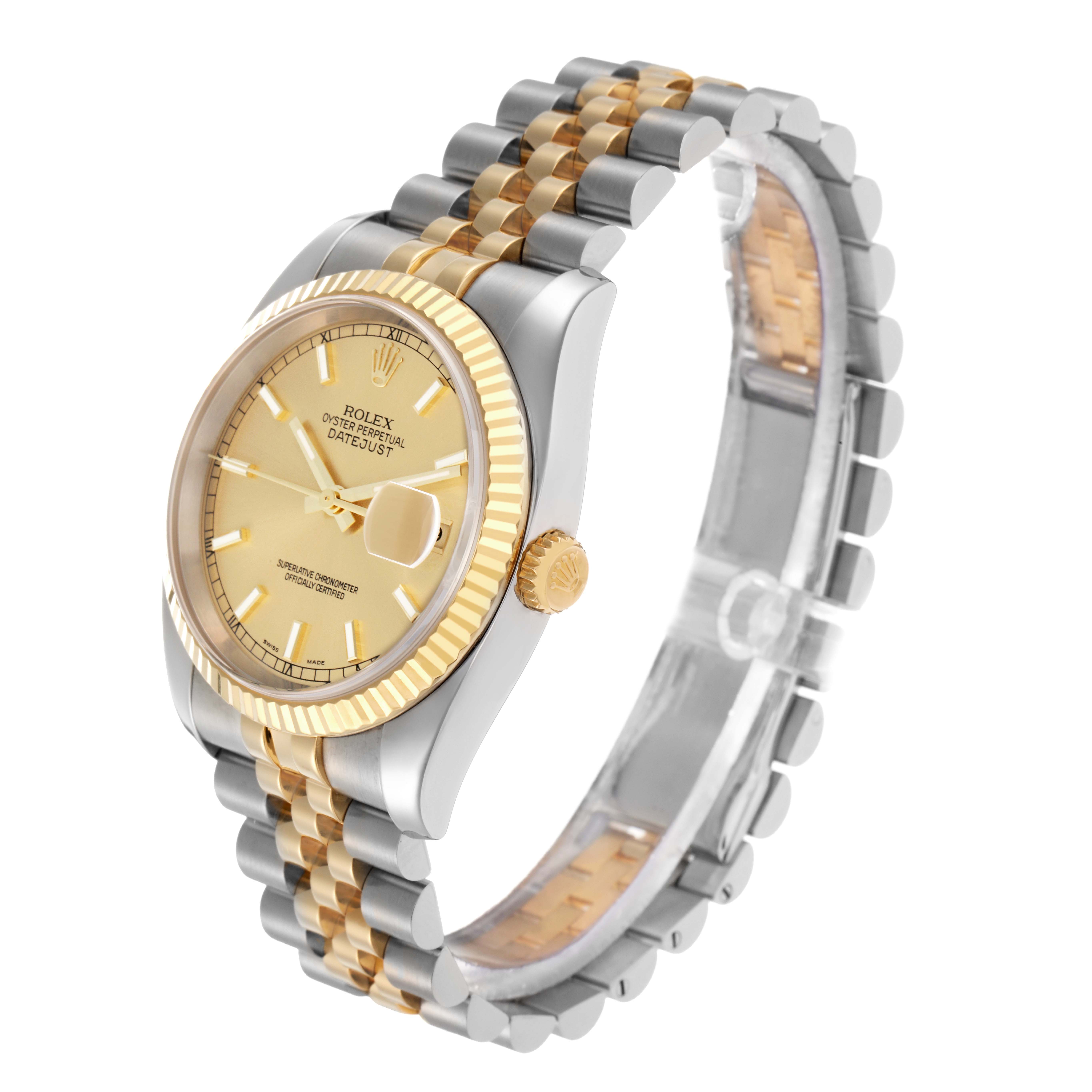 The Rolex Datejust 116233 Men
s Steel and Gold (two tone) Champagne Dial watch is shown at a three-quarters angle, revealing the face, bezel, and bracelet.