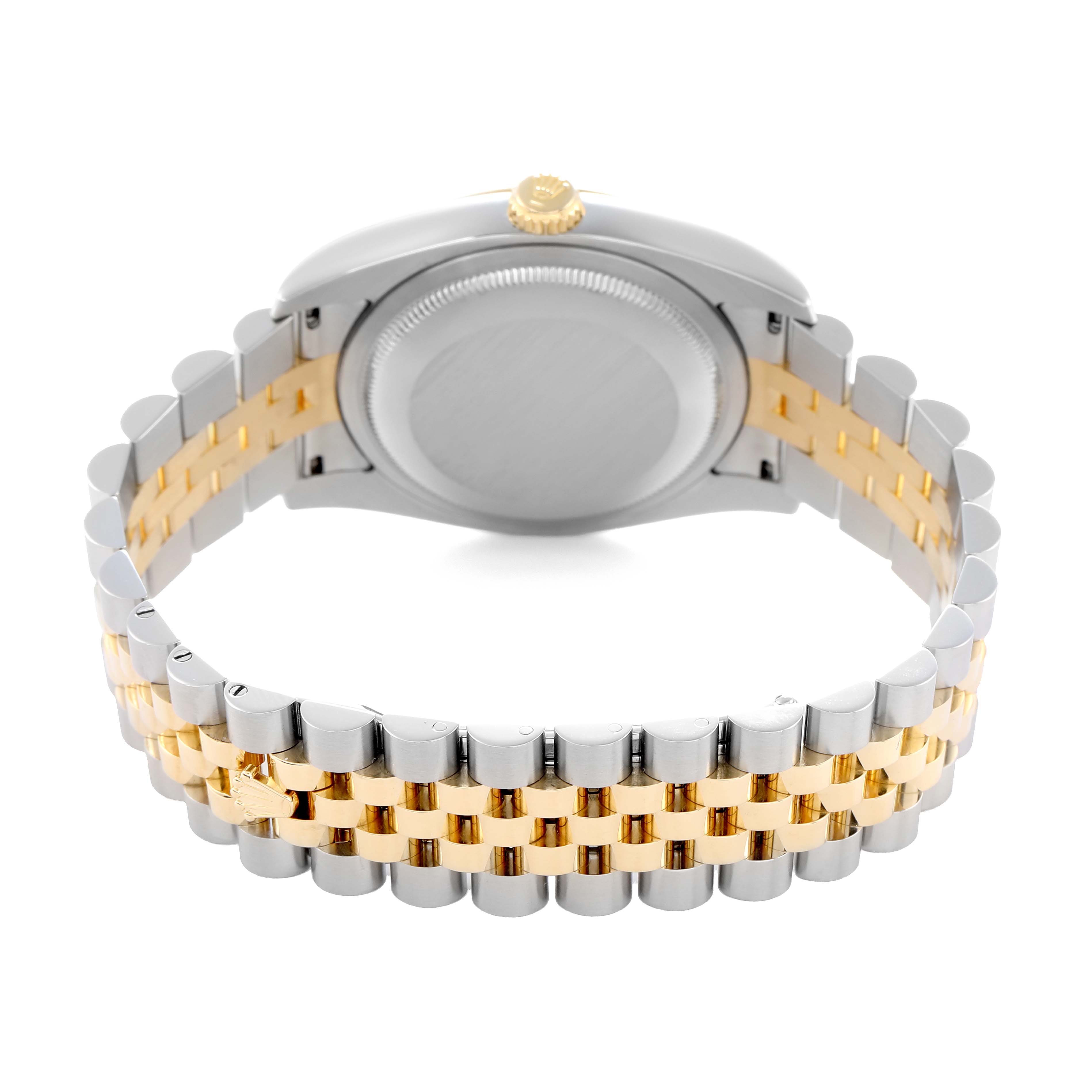 The image shows the back of a Rolex Datejust 116233 Men
s Steel and Gold (two tone) Champagne Dial watch, highlighting the two-tone Jubilee bracelet and case back.