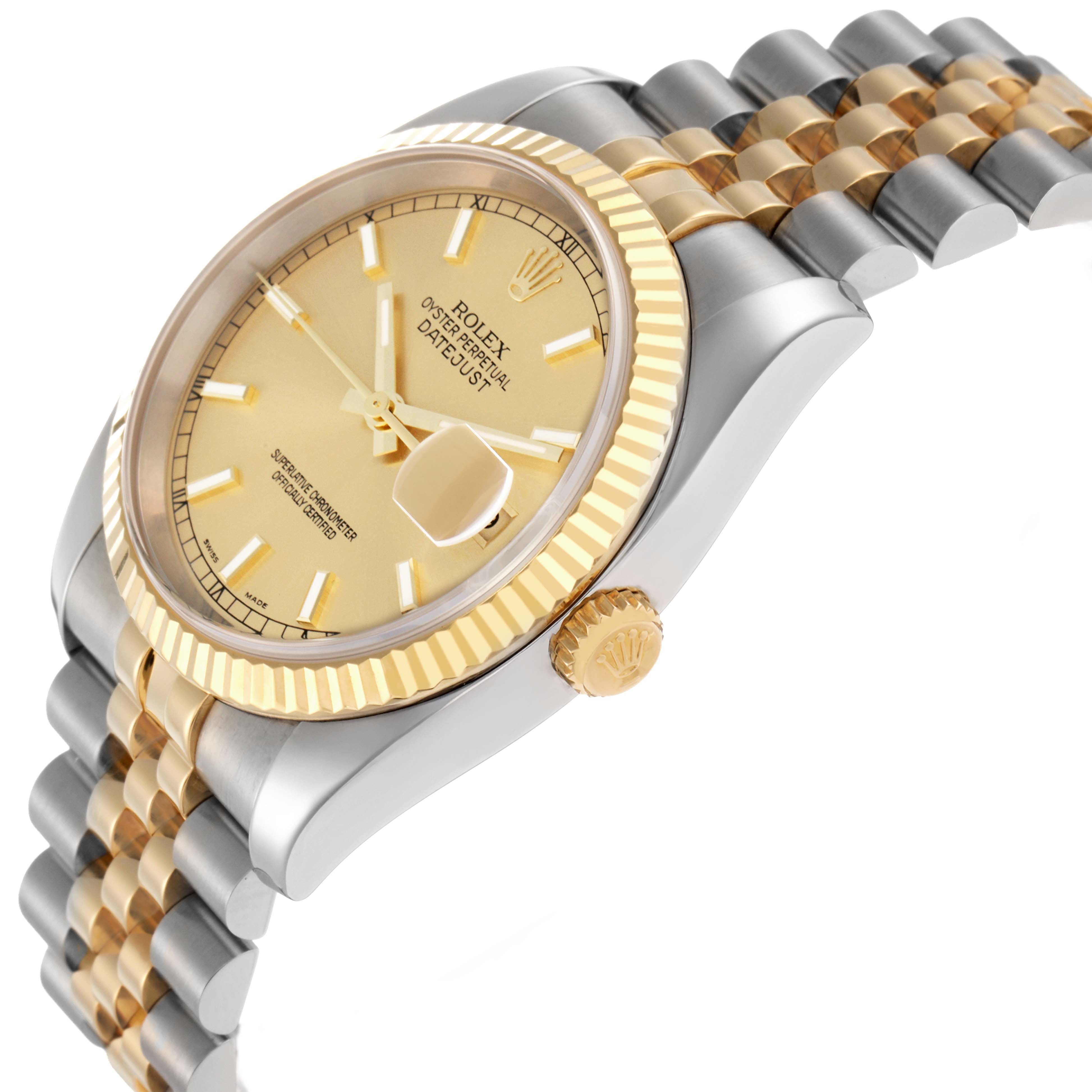 The Rolex Datejust 116233 Men
s Steel and Gold (two tone) Champagne Dial watch is shown at a three-quarter angle, highlighting the dial, bezel, crown, and two-tone bracelet.