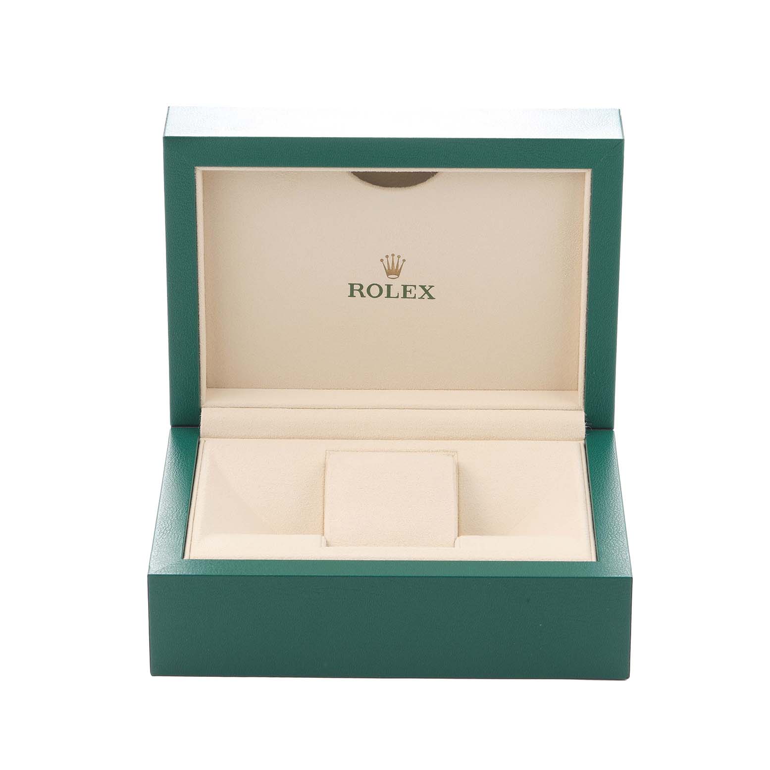 This image shows an open Rolex Datejust 116233 Men
s Steel and Gold (two tone) Champagne Dial watch box from a front angle, displaying its green exterior and cream interior.