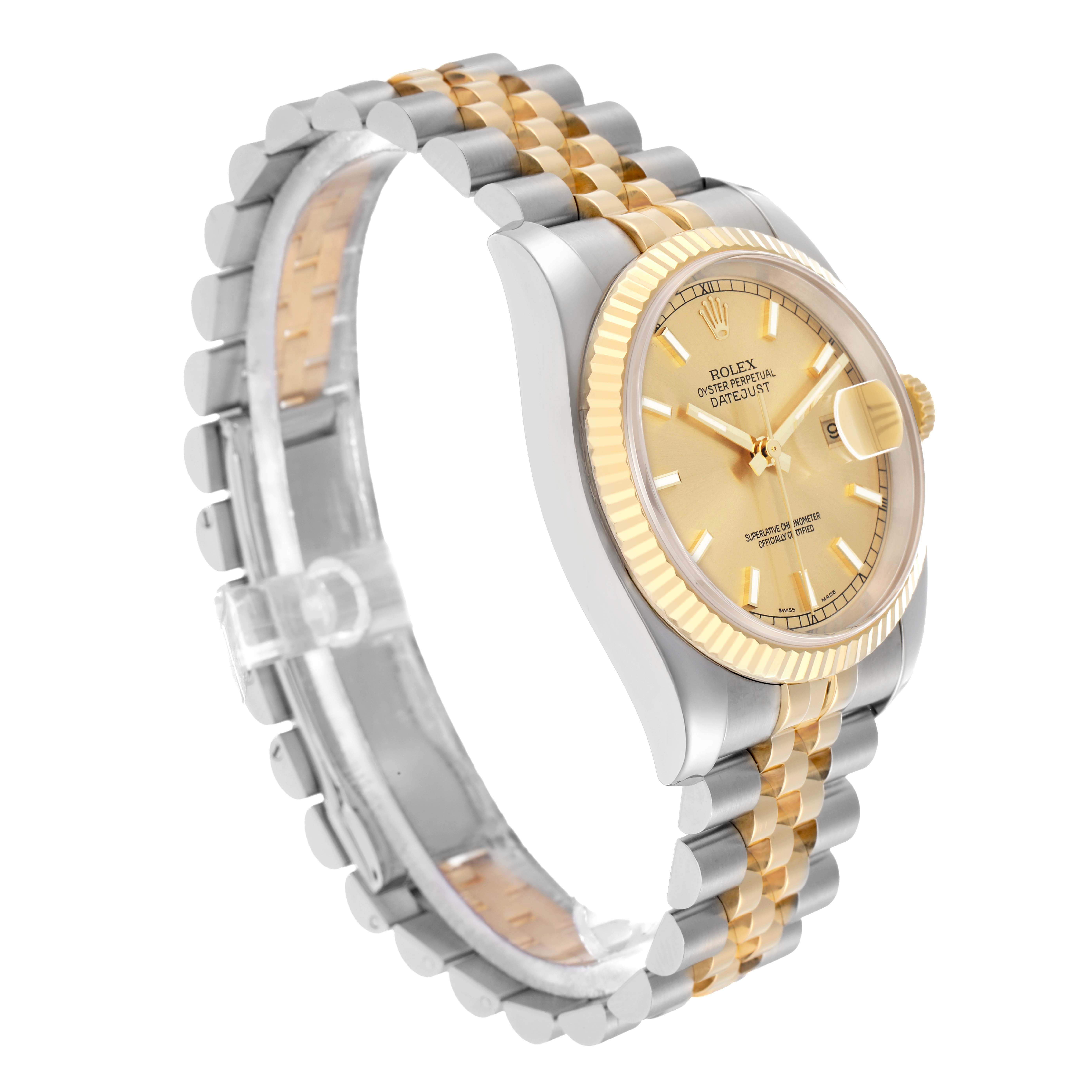 The Rolex Datejust 116233 Men
s Steel and Gold (two tone) Champagne Dial watch is shown at a three-quarter angle, highlighting the gold dial, fluted bezel, and two-tone jubilee bracelet.
