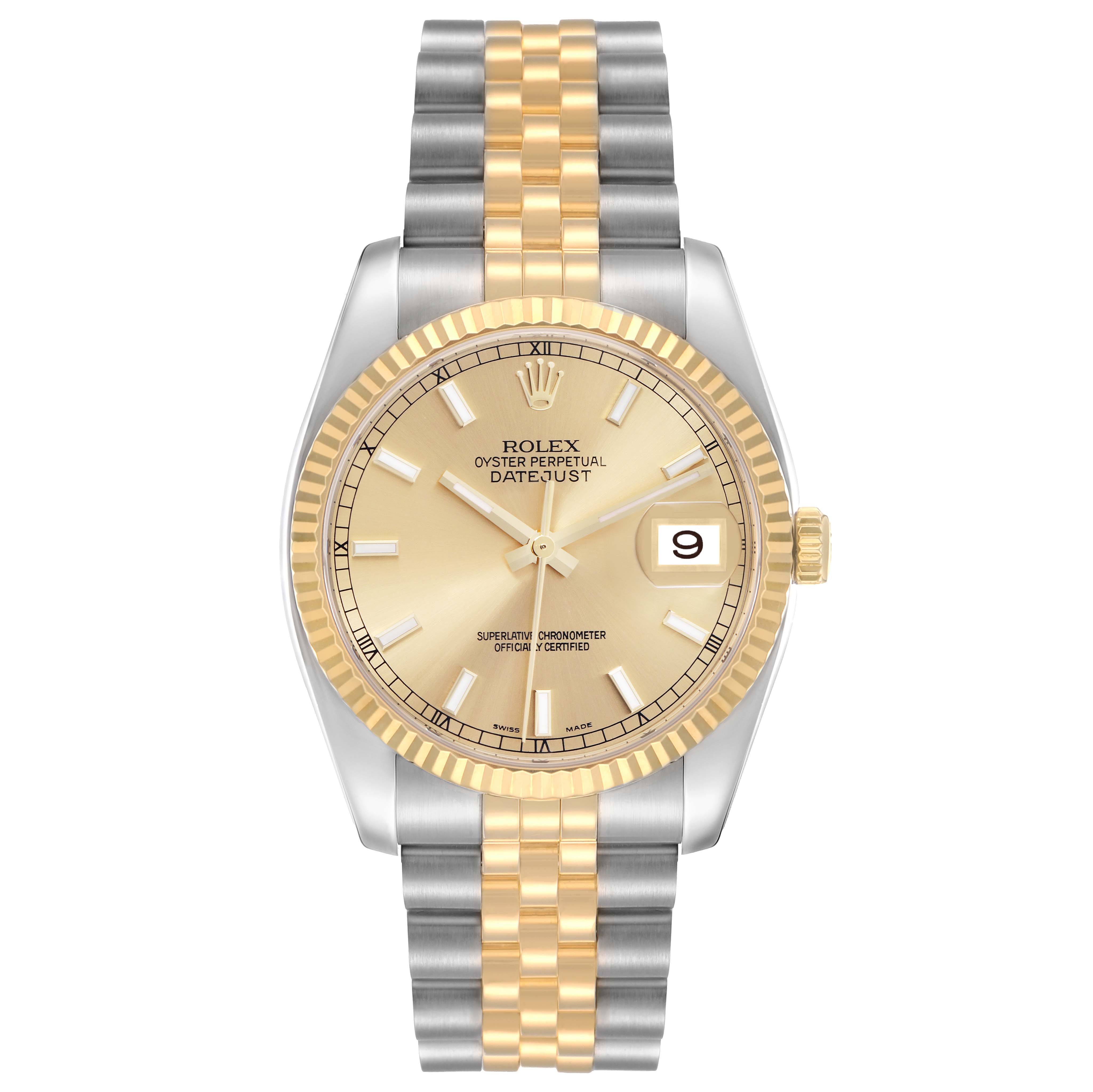 The Rolex Datejust 116233 Men
s Steel and Gold (two tone) Champagne Dial watch is shown from a top-down angle, highlighting the dial, bezel, case, and Jubilee bracelet.