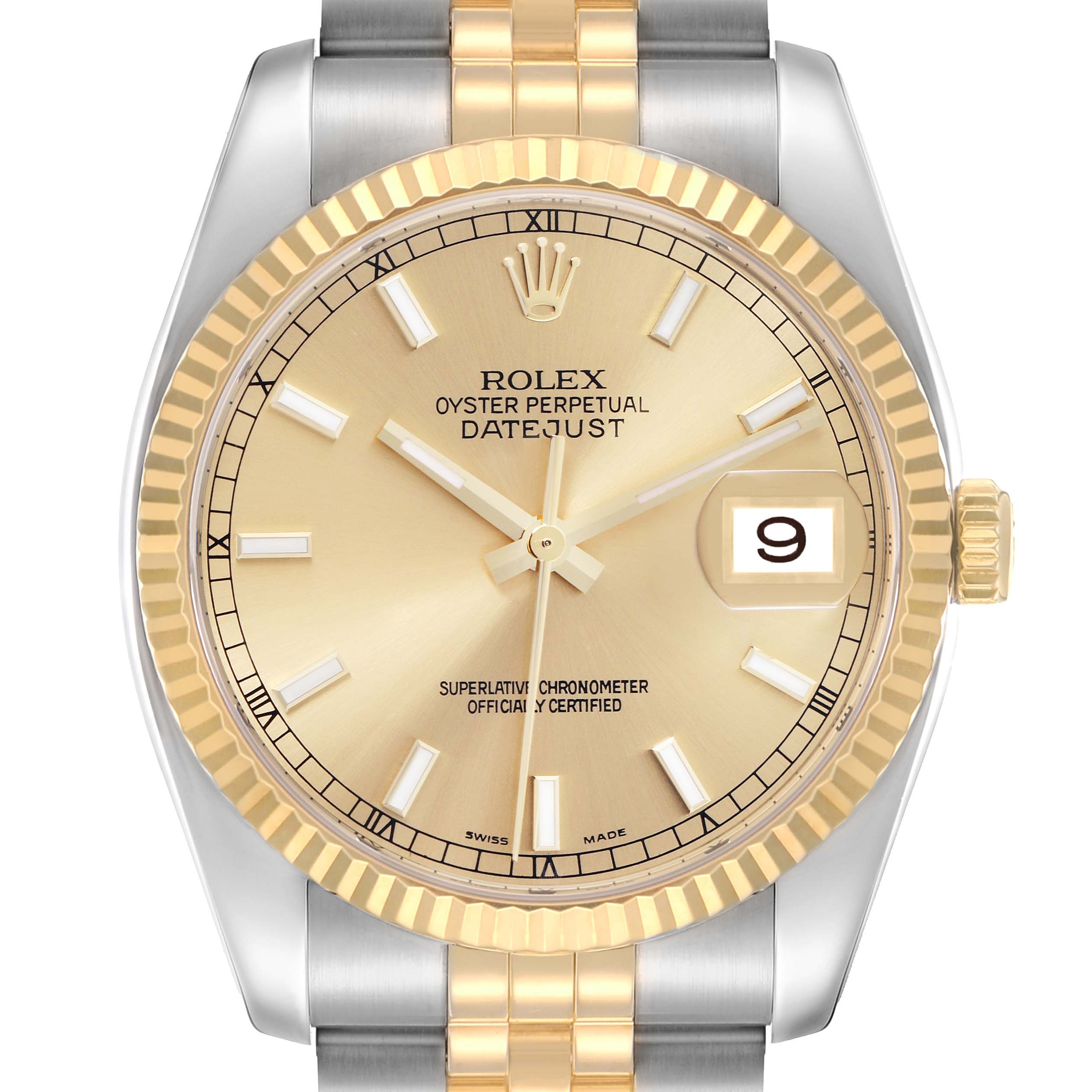 The Rolex Datejust 116233 Men
s Steel and Gold (two tone) Champagne Dial watch is shown from the front, highlighting the dial, bezel, crown, and bracelet.