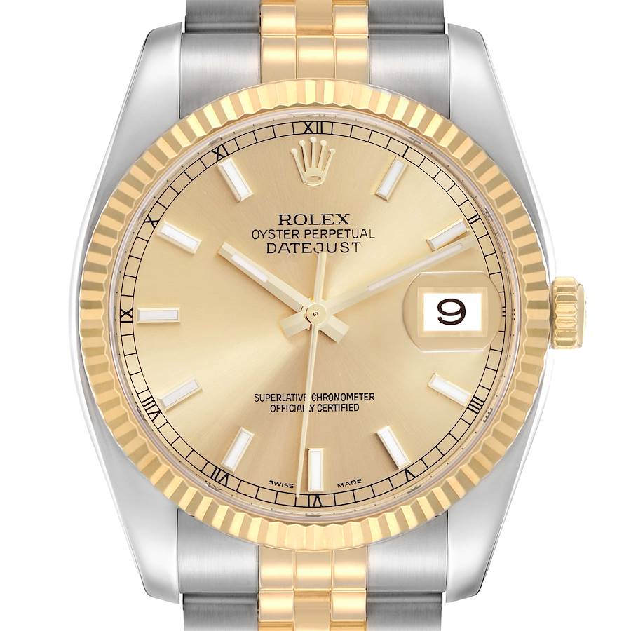 The Rolex Datejust 116233 Men's Steel and Gold (two tone) Champagne Dial watch is shown from the front, highlighting the dial, bezel, crown, and bracelet.