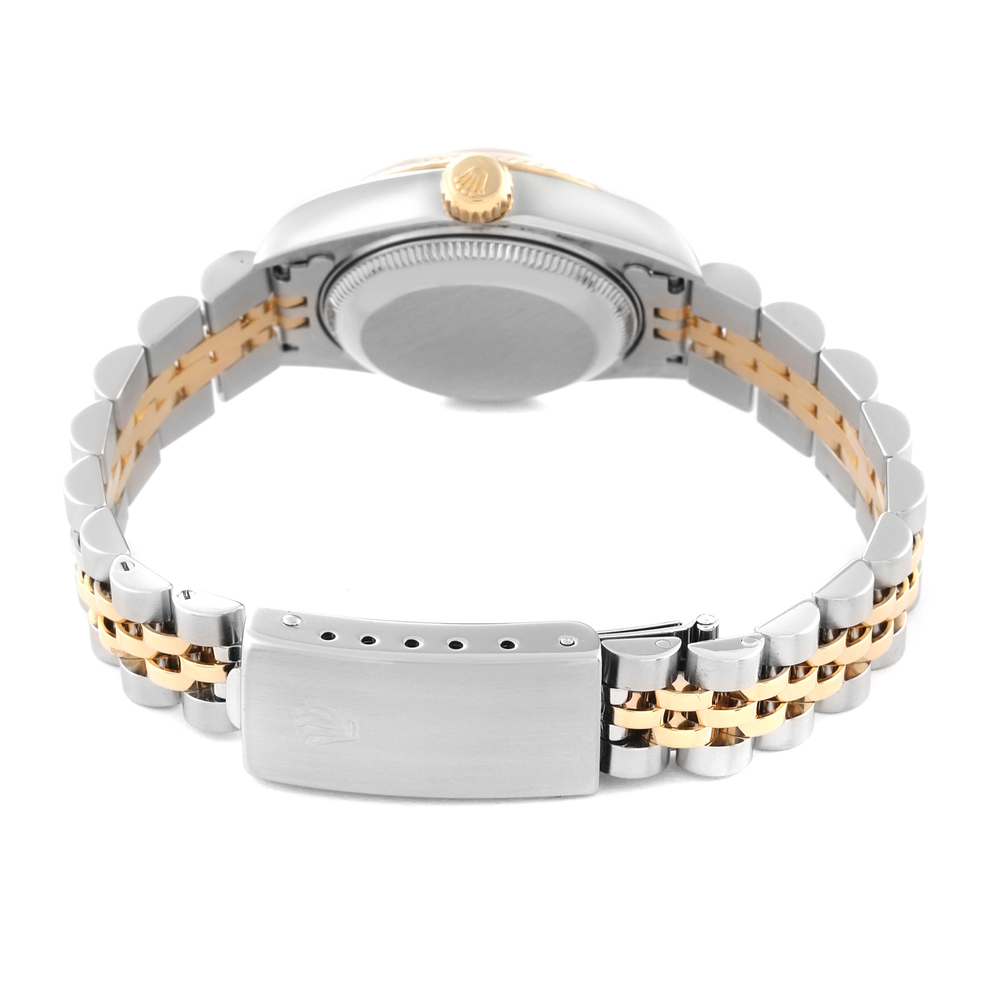 This image shows the back view of a Rolex Datejust 79173 Women's Steel and Gold (two tone) Champagne Dial 79173 Women's Steel and Gold (two tone) Champagne Dial watch, highlighting the clasp, bracelet, crown, and case back.