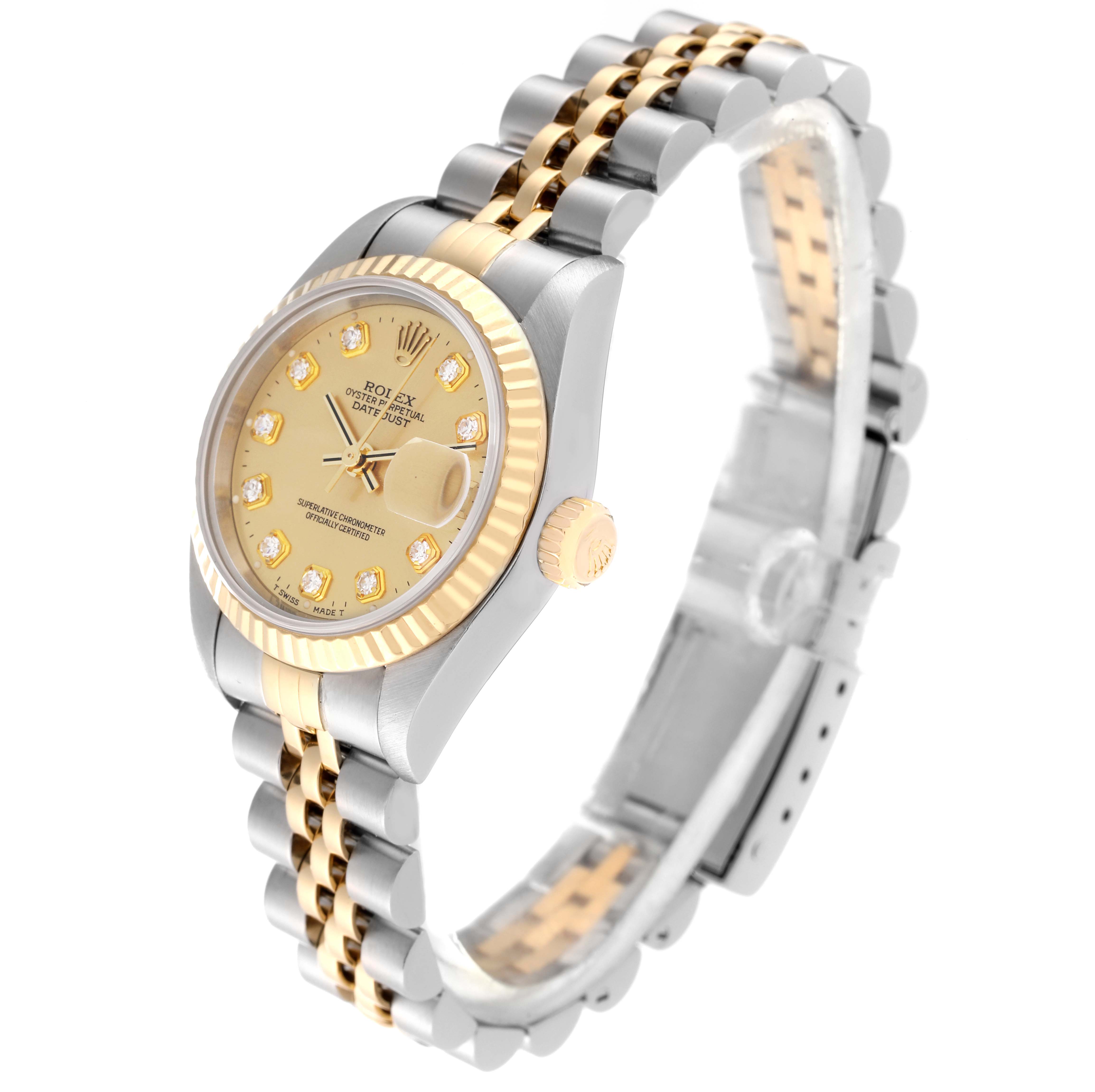 The Rolex Datejust 79173 Women's Steel and Gold (two tone) Champagne Dial 79173 Women's Steel and Gold (two tone) Champagne Dial watch is shown at a slight angle, highlighting its gold and silver bracelet, dial, and crown.