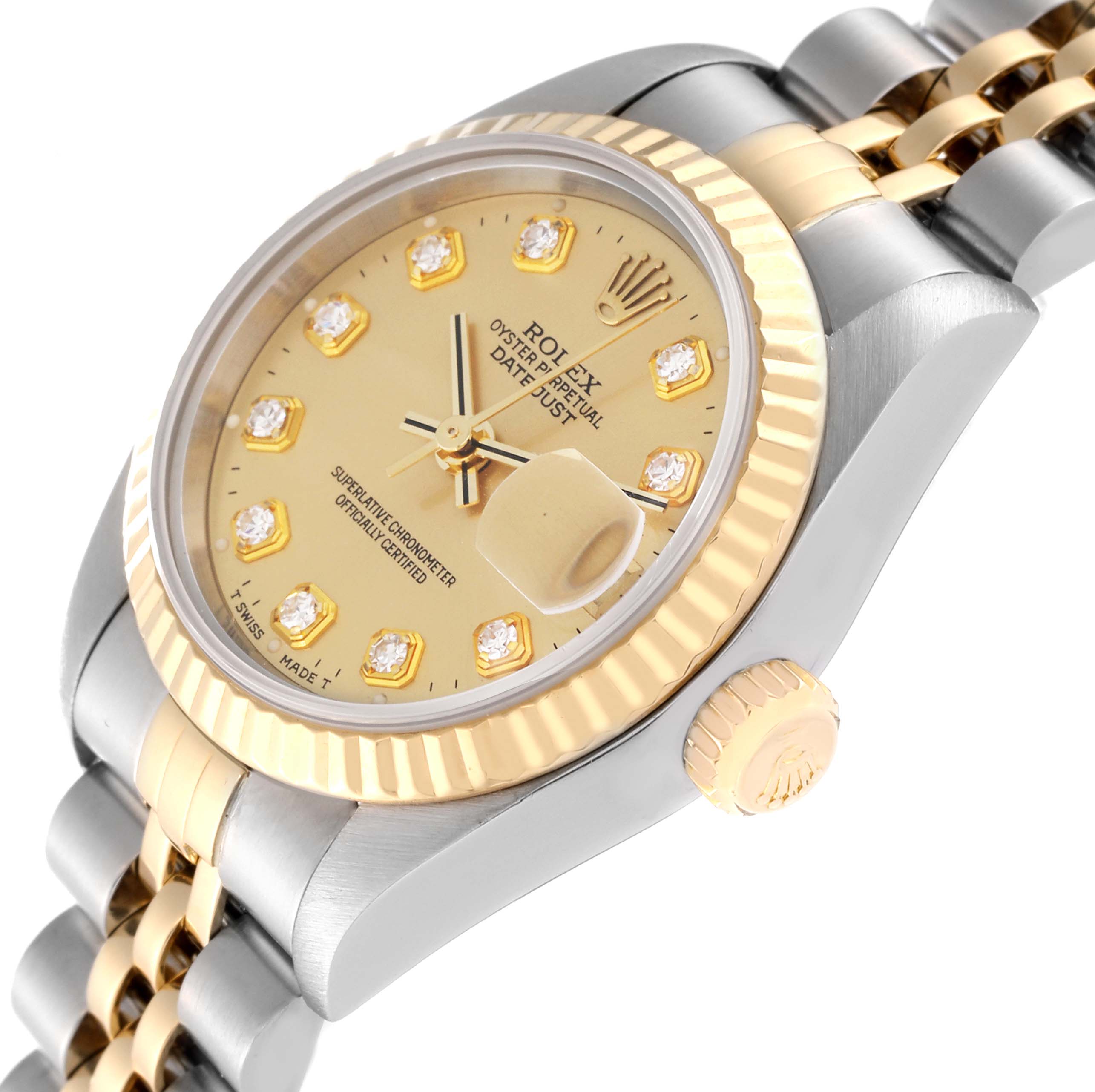 This Rolex Datejust 79173 Women's Steel and Gold (two tone) Champagne Dial 79173 Women's Steel and Gold (two tone) Champagne Dial model is shown at a slight angle, highlighting its gold bezel, dial, and crown with a two-tone bracelet.