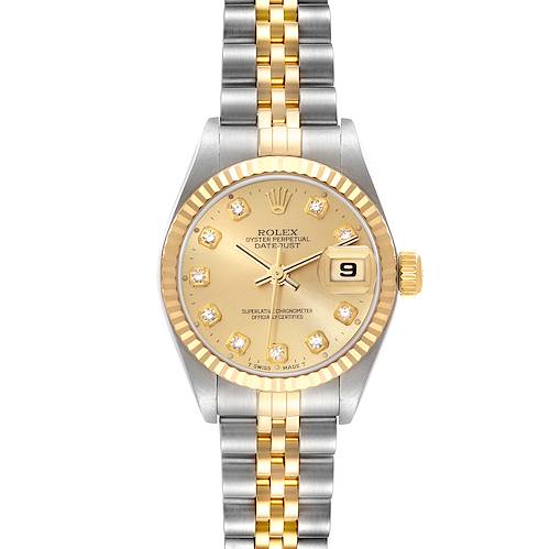 The Rolex Datejust watch is shown from the front, featuring its gold and silver bracelet, gold dial, and fluted bezel.