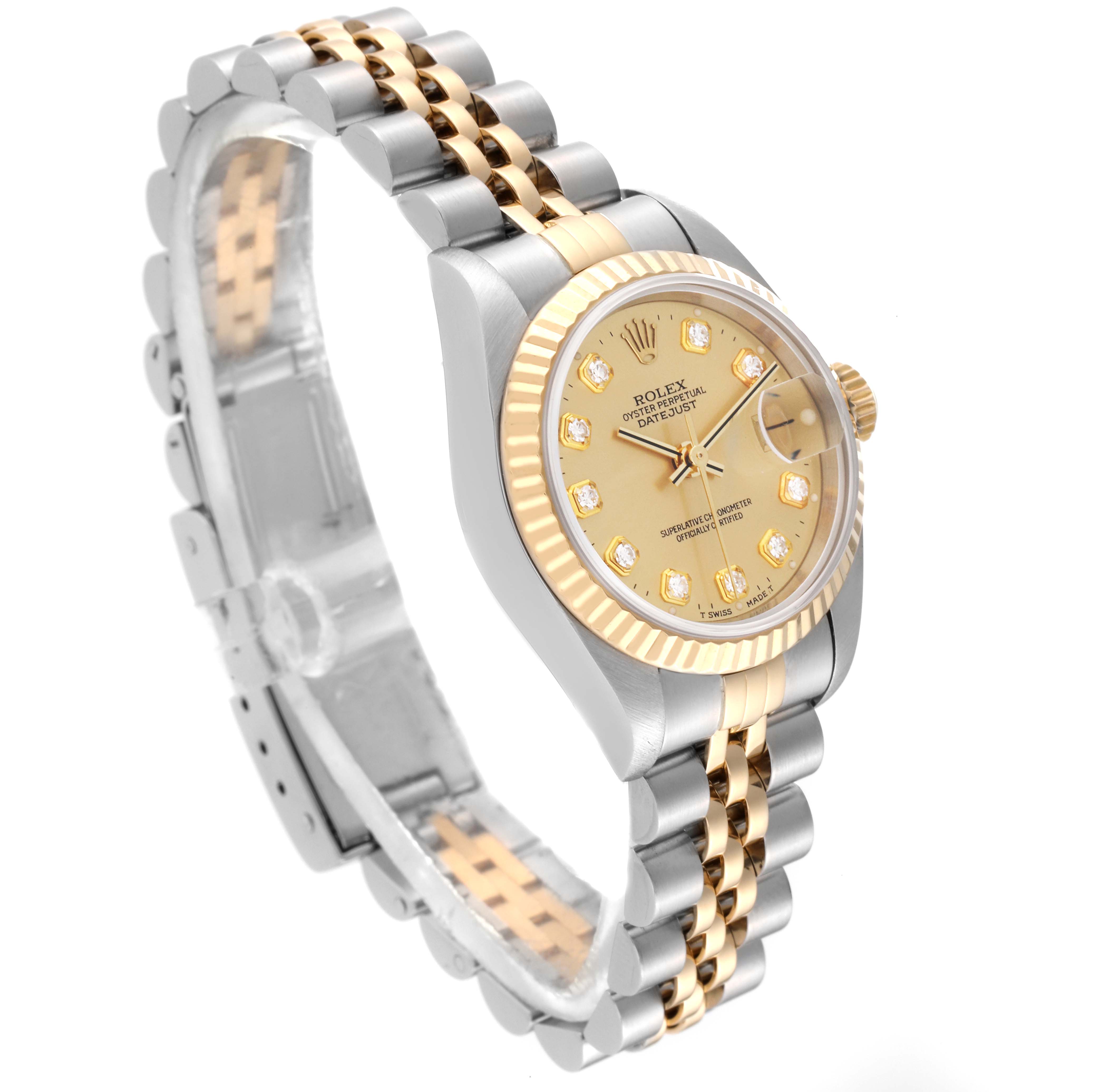 The image shows a side angle of a Rolex Datejust 79173 Women's Steel and Gold (two tone) Champagne Dial 79173 Women's Steel and Gold (two tone) Champagne Dial watch, highlighting the two-tone bracelet, fluted bezel, and diamond hour markers.