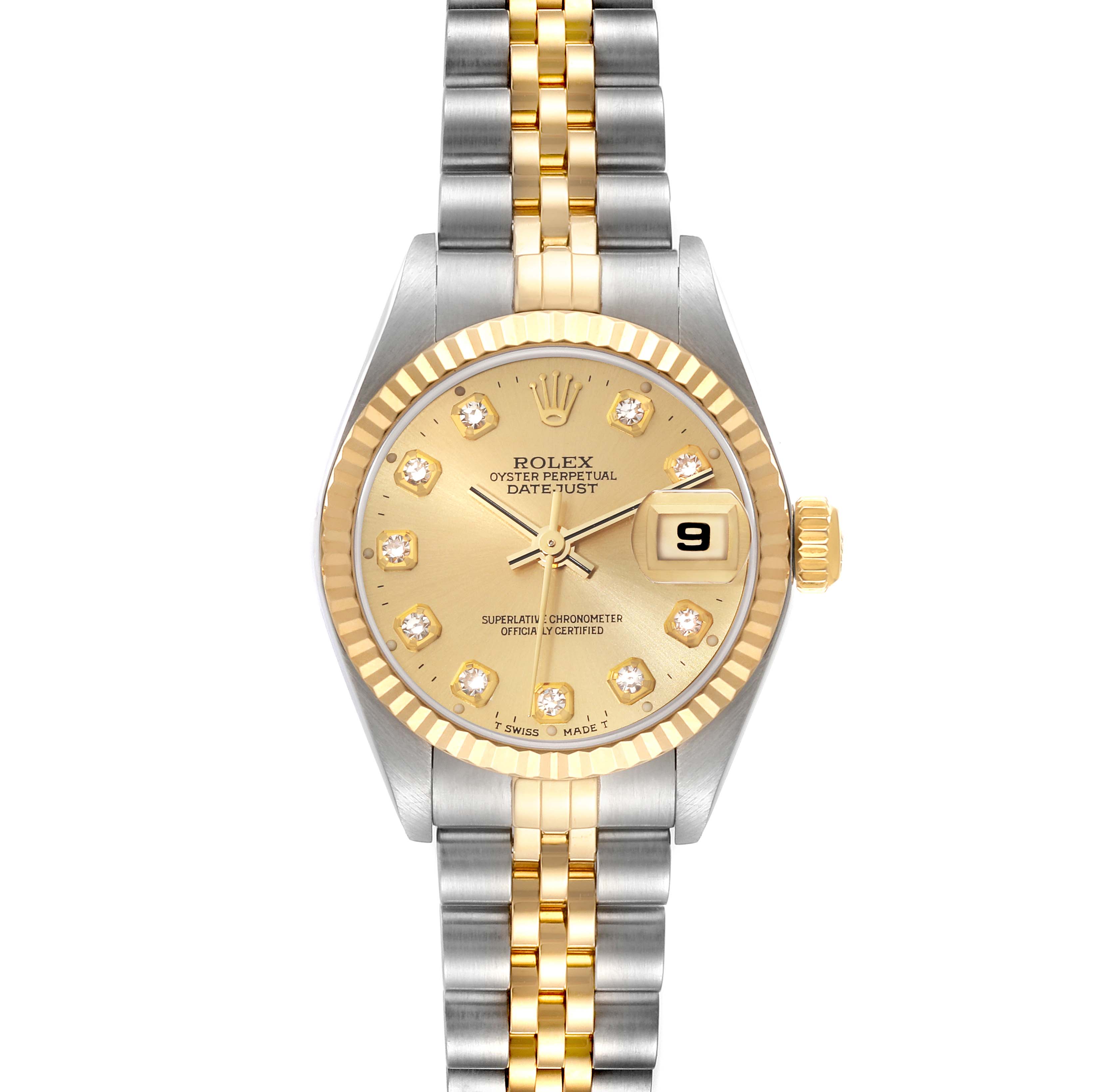 The image shows a Rolex Datejust 79173 Women's Steel and Gold (two tone) Champagne Dial 79173 Women's Steel and Gold (two tone) Champagne Dial watch from the front, highlighting its gold dial, date window, and two-tone bracelet.