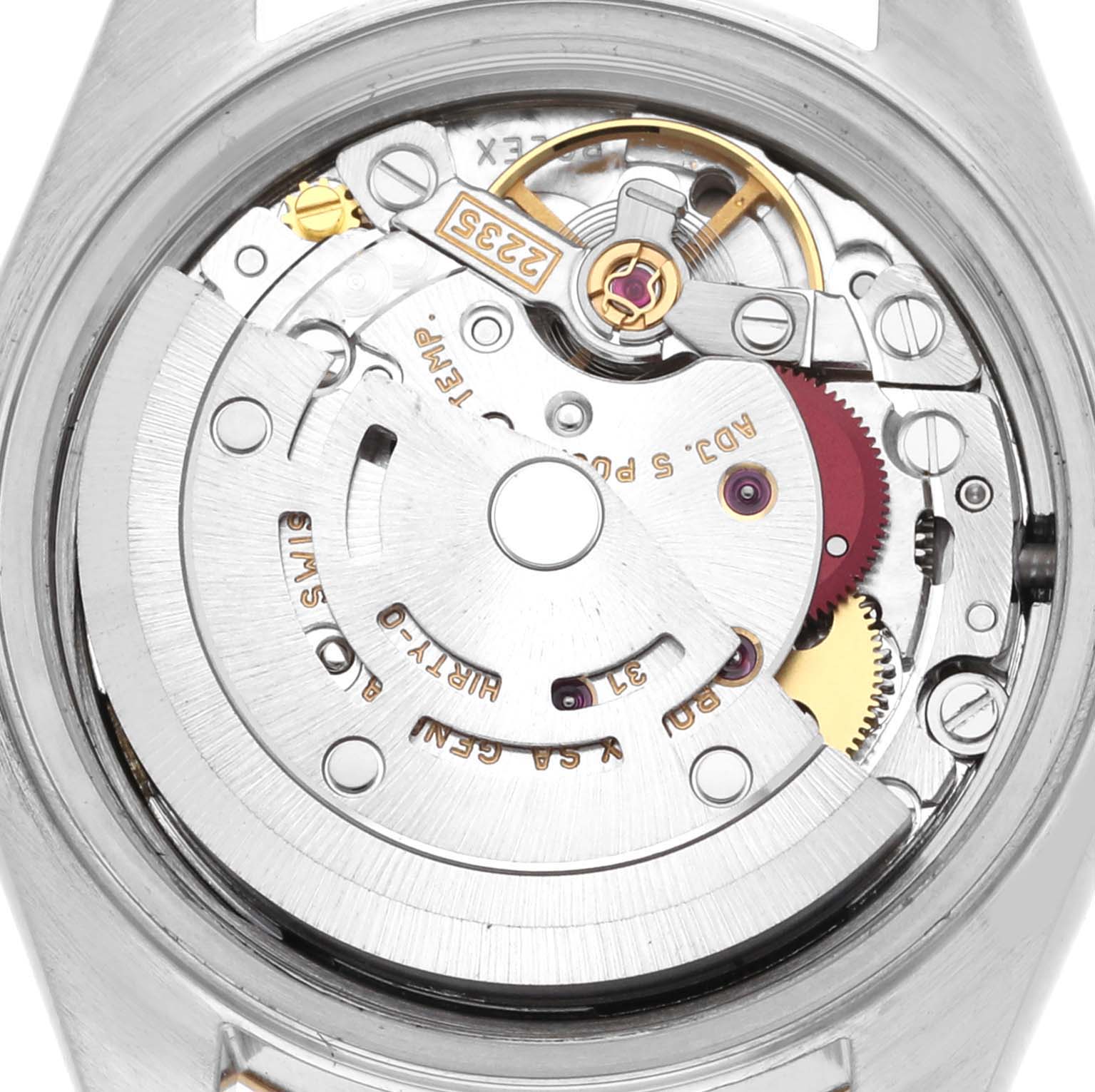 This image shows the internal mechanism of a Rolex Datejust 79173 Women's Steel and Gold (two tone) Champagne Dial 79173 Women's Steel and Gold (two tone) Champagne Dial watch from a top view angle.