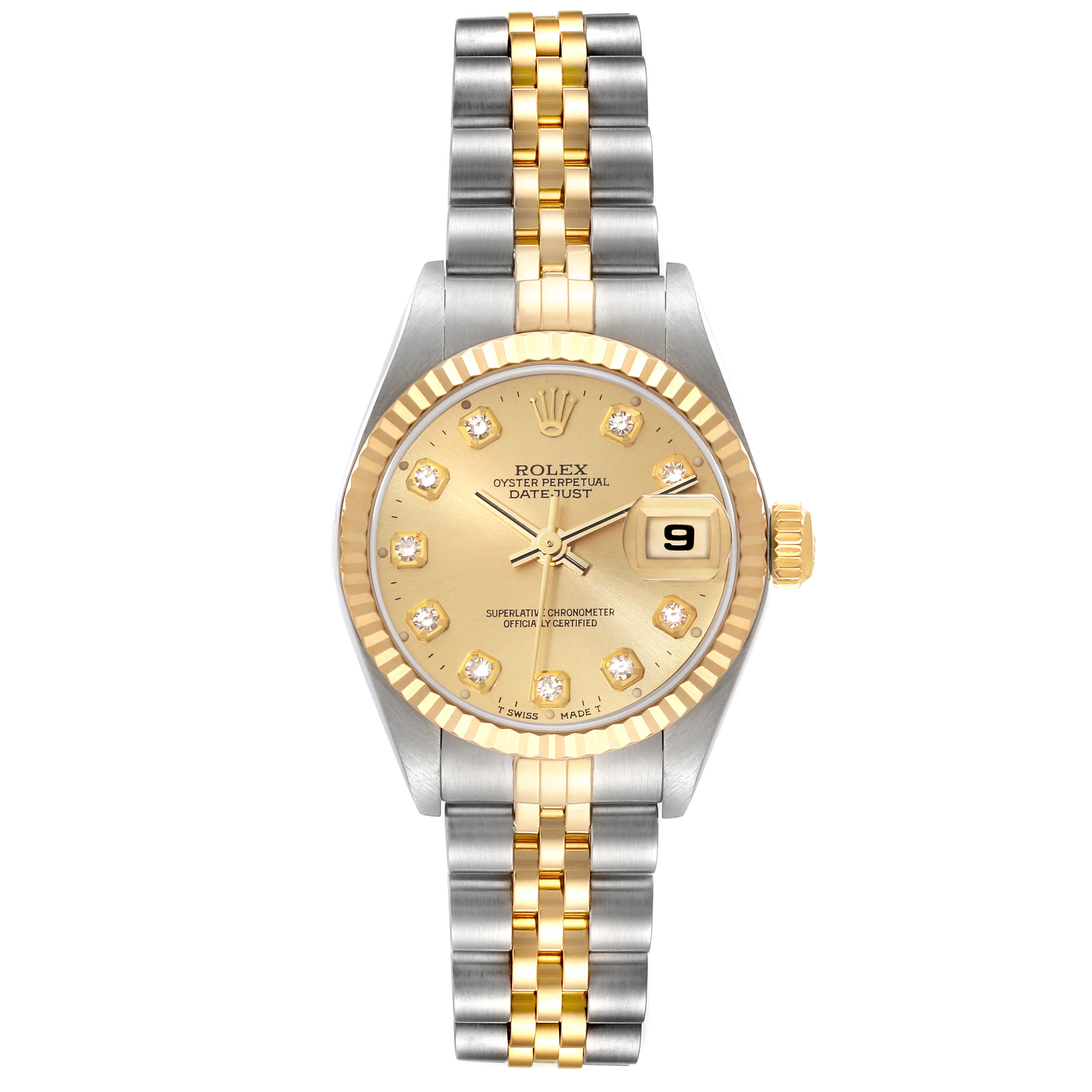 The image shows a Rolex Datejust 79173 Women's Steel and Gold (two tone) Champagne Dial 79173 Women's Steel and Gold (two tone) Champagne Dial watch from a top-down angle, featuring a two-tone bracelet and a champagne dial with diamond hour markers.