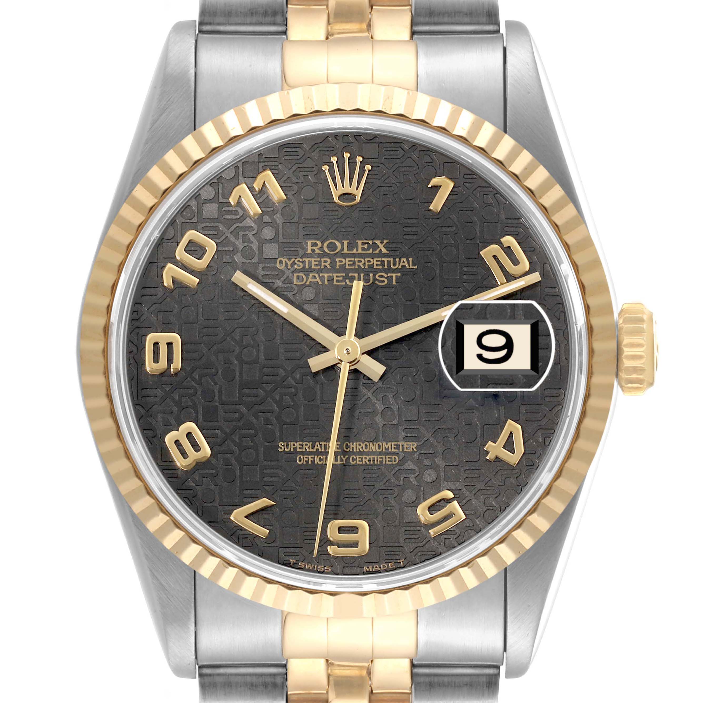 The image shows a Rolex Datejust 16233 Men's Steel and Gold (two tone) Grey Dial 16233 Men's Steel and Gold (two tone) Grey Dial watch face and part of the band, viewed from the front.