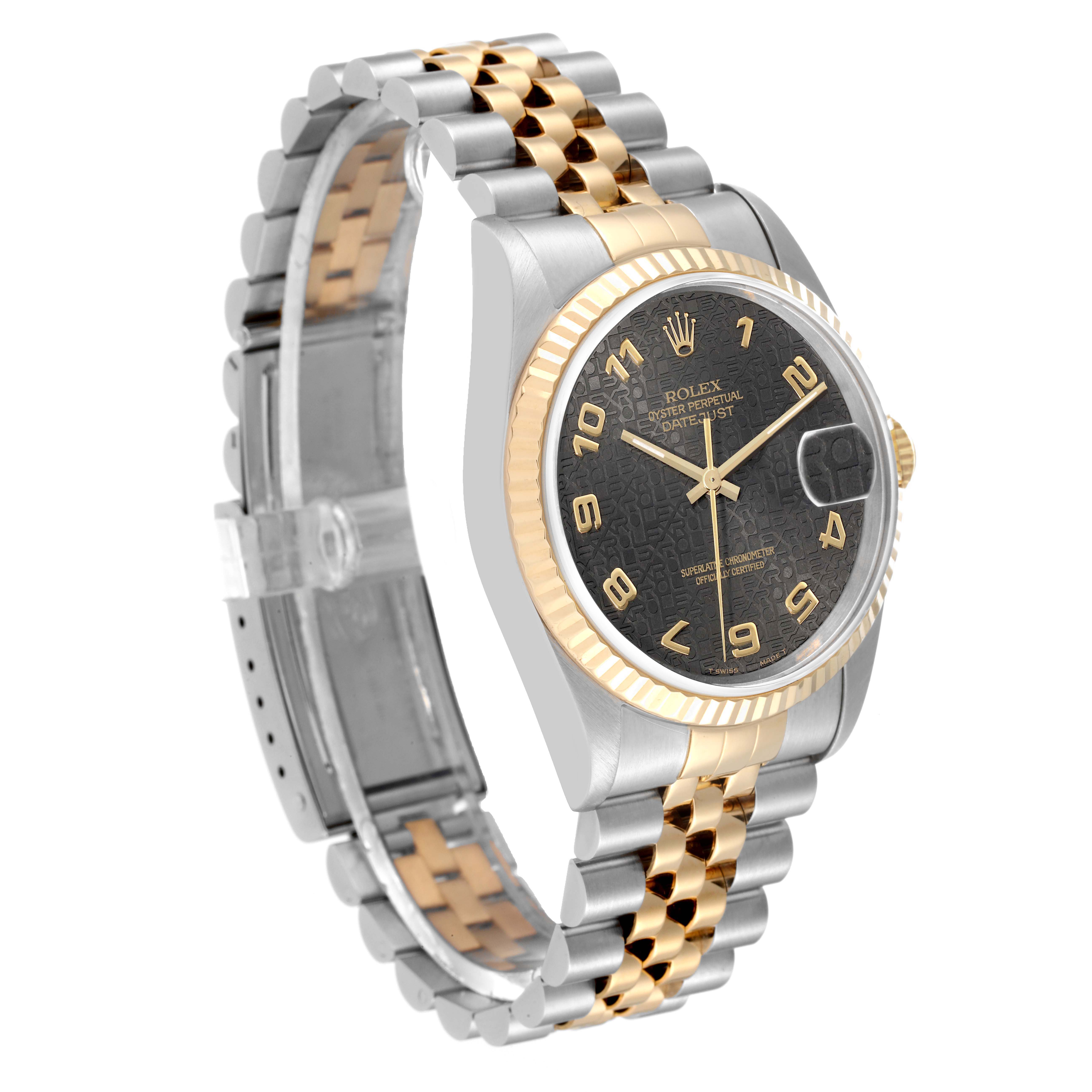 The image shows a Rolex Datejust 16233 Men's Steel and Gold (two tone) Grey Dial 16233 Men's Steel and Gold (two tone) Grey Dial watch from a front-side angle, highlighting the two-tone bracelet and dark dial.