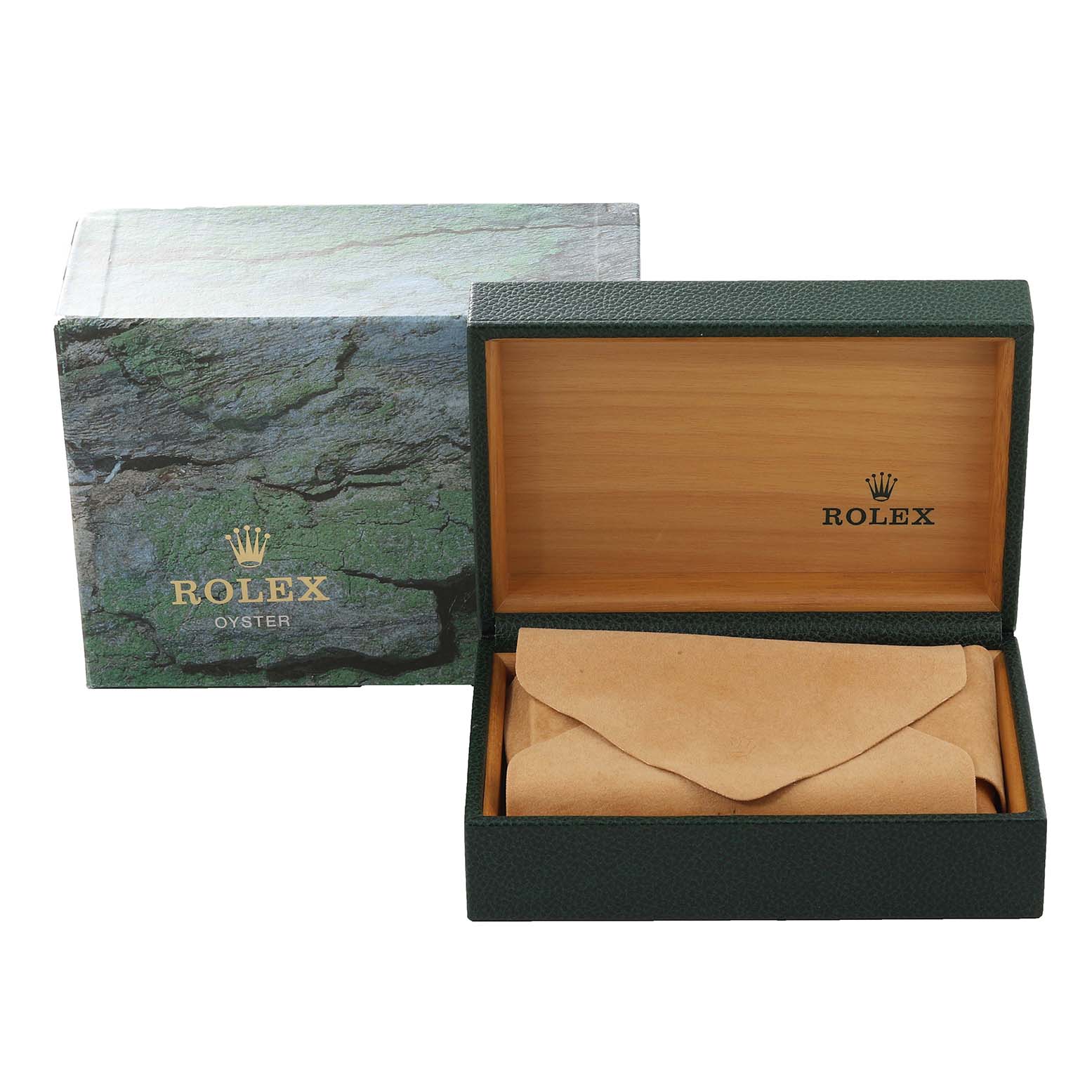 The image shows the packaging for a Rolex Datejust 16233 Men's Steel and Gold (two tone) Grey Dial 16233 Men's Steel and Gold (two tone) Grey Dial model, including a green outer box and an open inner box with a leather pouch.