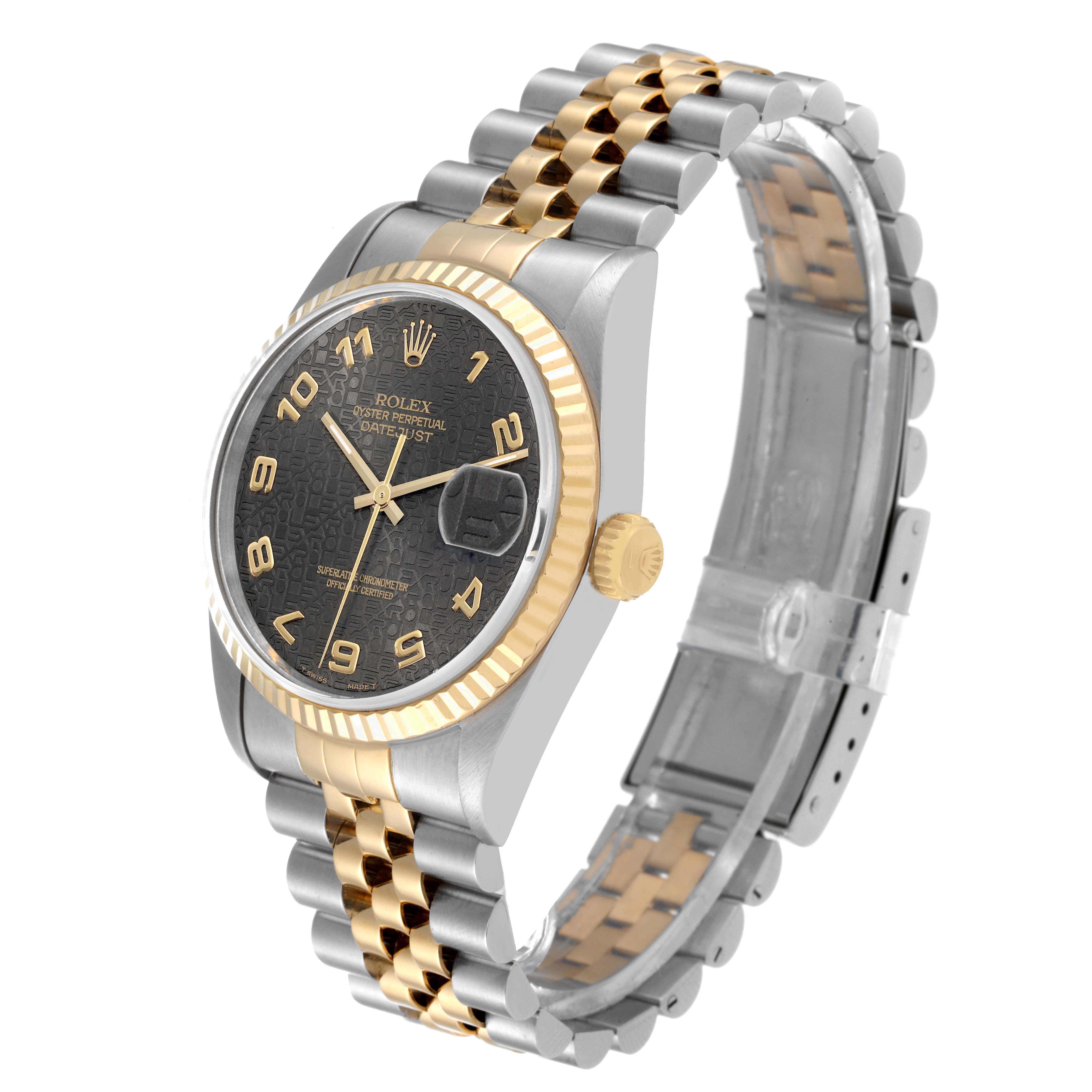 This Rolex Datejust 16233 Men's Steel and Gold (two tone) Grey Dial 16233 Men's Steel and Gold (two tone) Grey Dial watch is shown at a slight angle, highlighting the face, bezel, and bracelet.