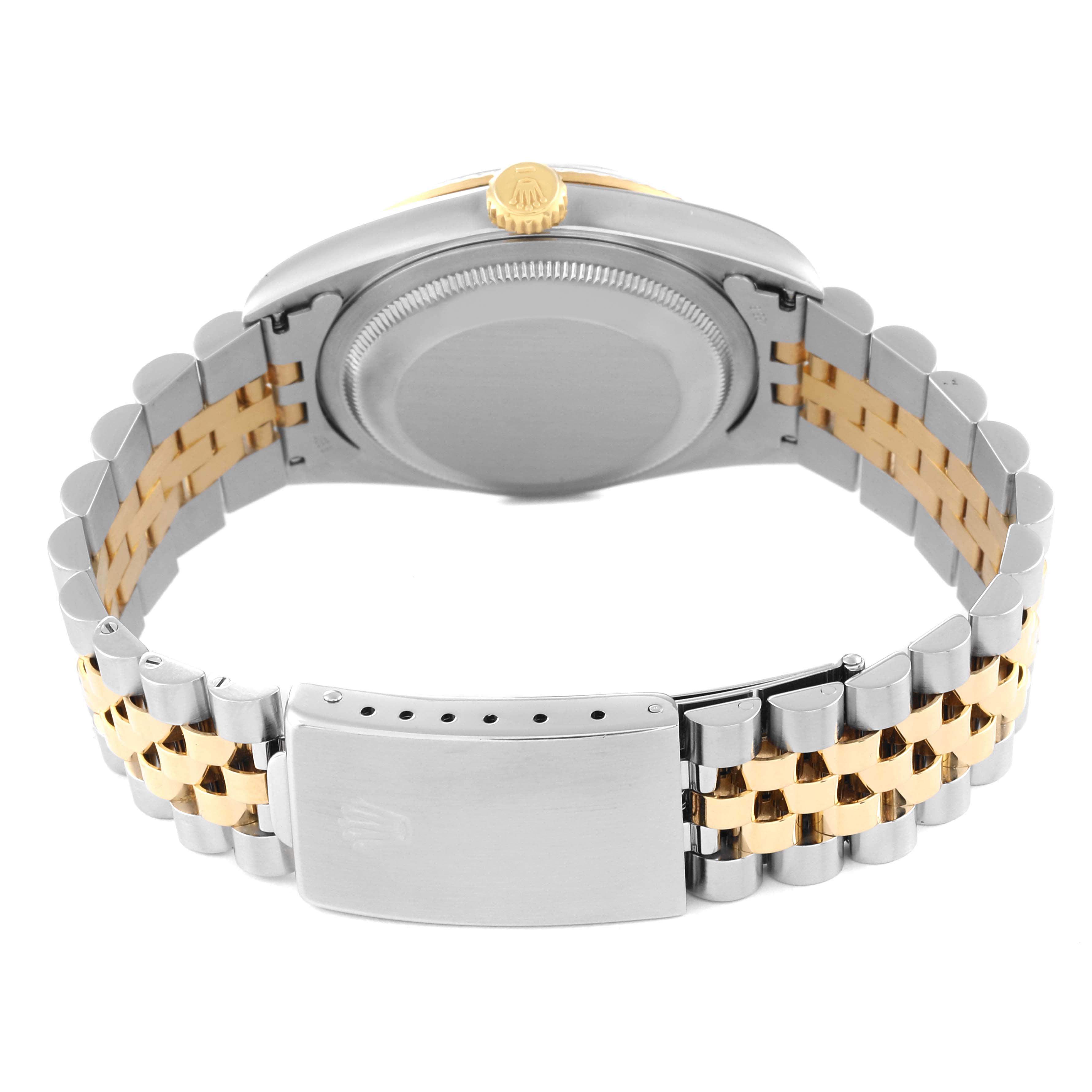 The image shows the back view of the Rolex Datejust 16233 Men's Steel and Gold (two tone) Grey Dial 16233 Men's Steel and Gold (two tone) Grey Dial watch, featuring its clasp, bracelet, and caseback.