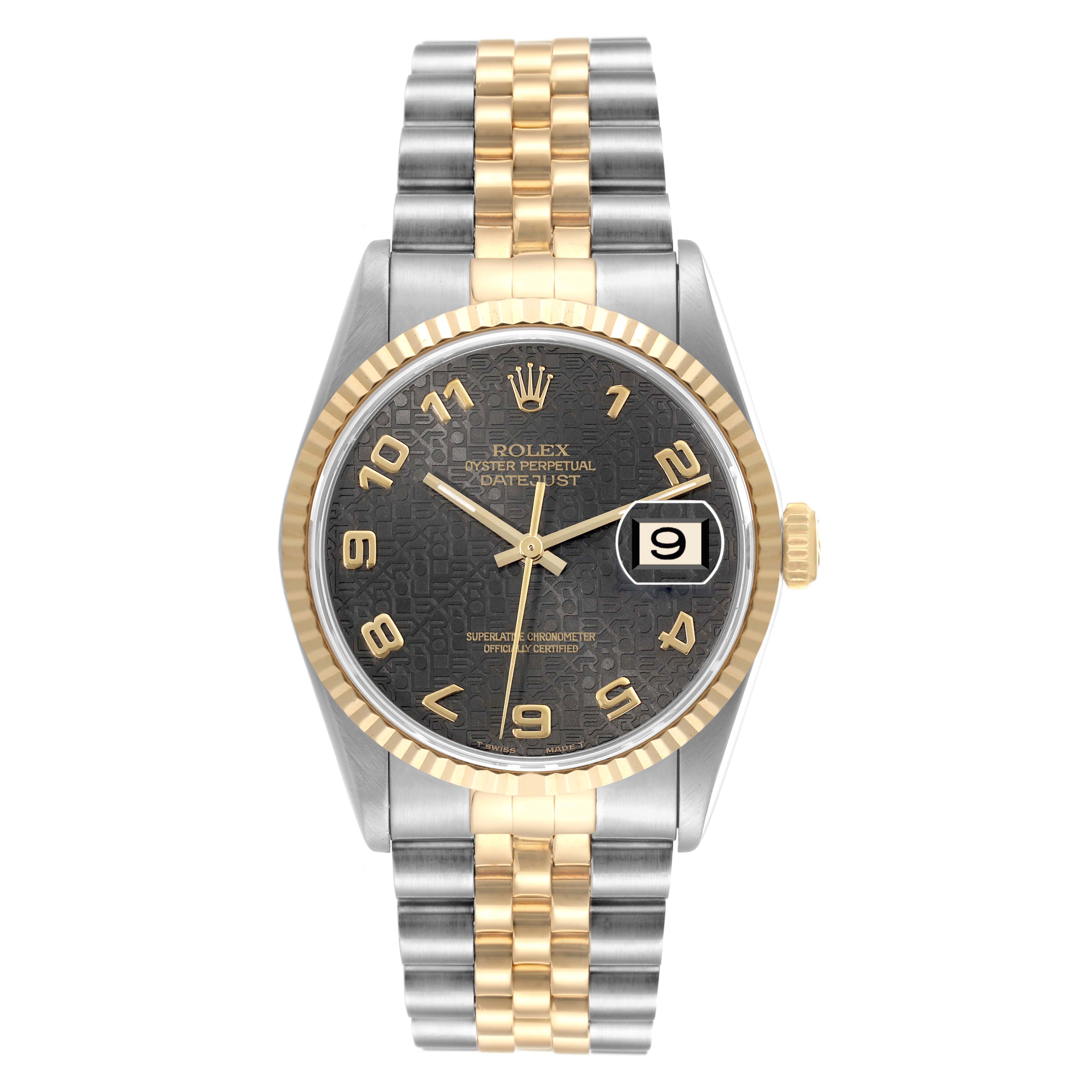 This image shows a frontal view of a Rolex Datejust 16233 Men's Steel and Gold (two tone) Grey Dial 16233 Men's Steel and Gold (two tone) Grey Dial watch, displaying the face, bezel, and bracelet.