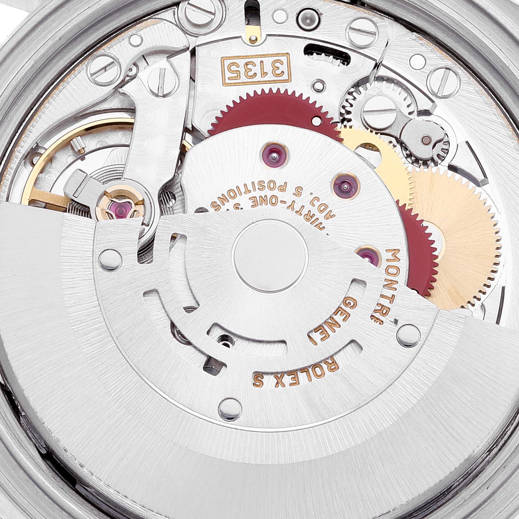 This is a close-up view of the movement of a Rolex Datejust 16233 Men's Steel and Gold (two tone) Grey Dial 16233 Men's Steel and Gold (two tone) Grey Dial watch, displaying the intricate inner mechanical parts.