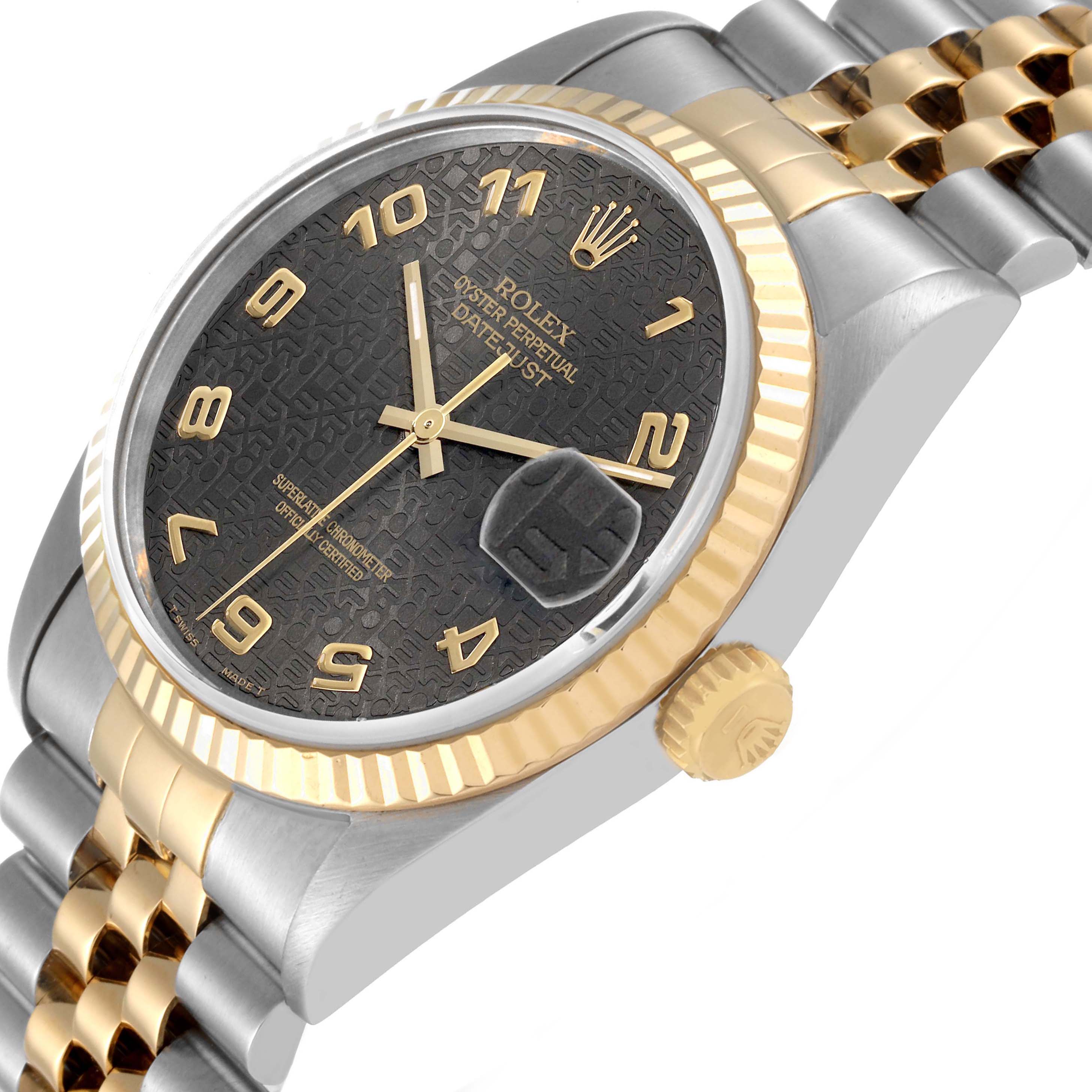 The image shows a Rolex Datejust 16233 Men's Steel and Gold (two tone) Grey Dial 16233 Men's Steel and Gold (two tone) Grey Dial model watch from an angled side view, highlighting the dial, bezel, crown, and part of the bracelet.