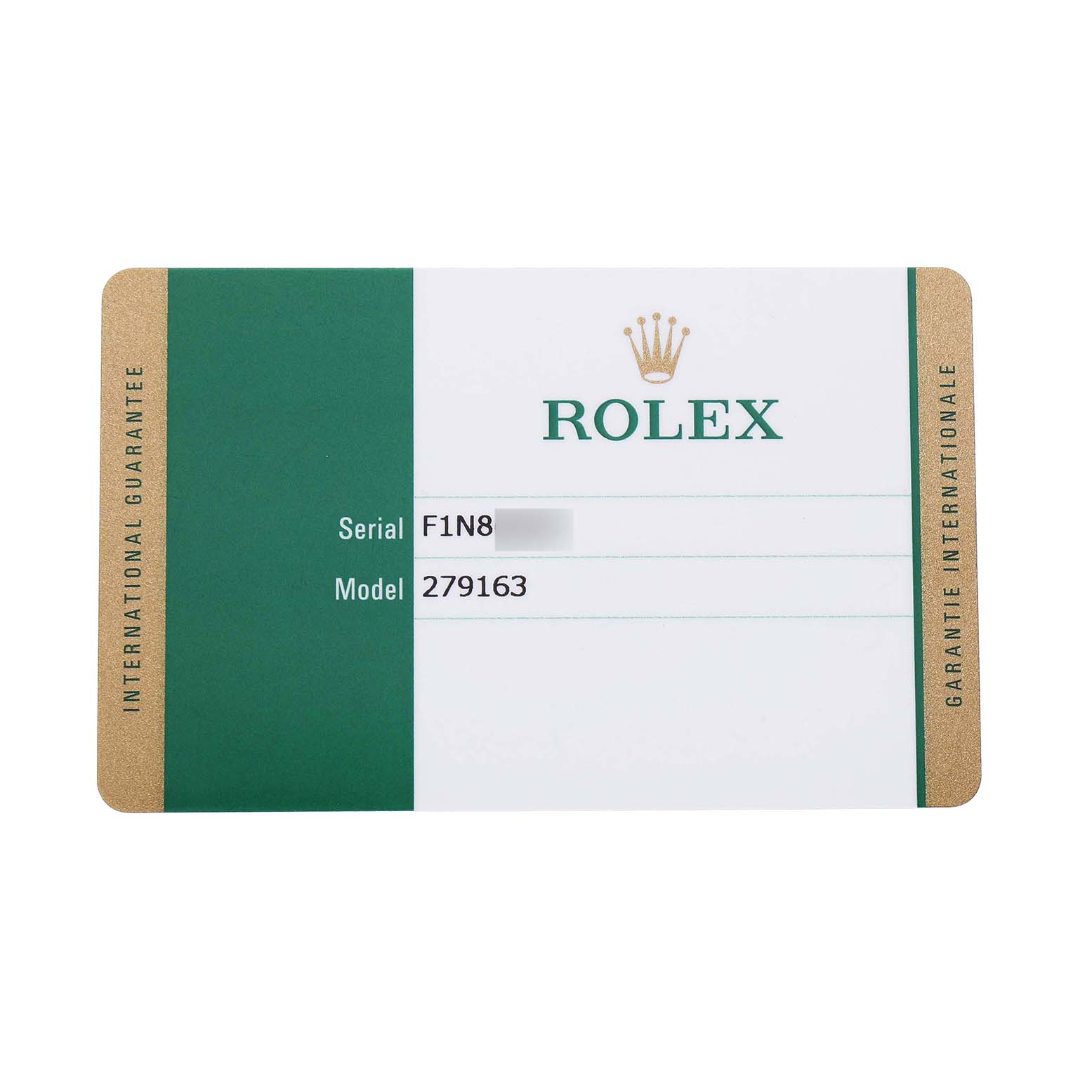 The image shows an international guarantee card for a Rolex Datejust 279163 Women's Steel and Gold (two tone) Silver Dial, displaying the serial and model numbers.
