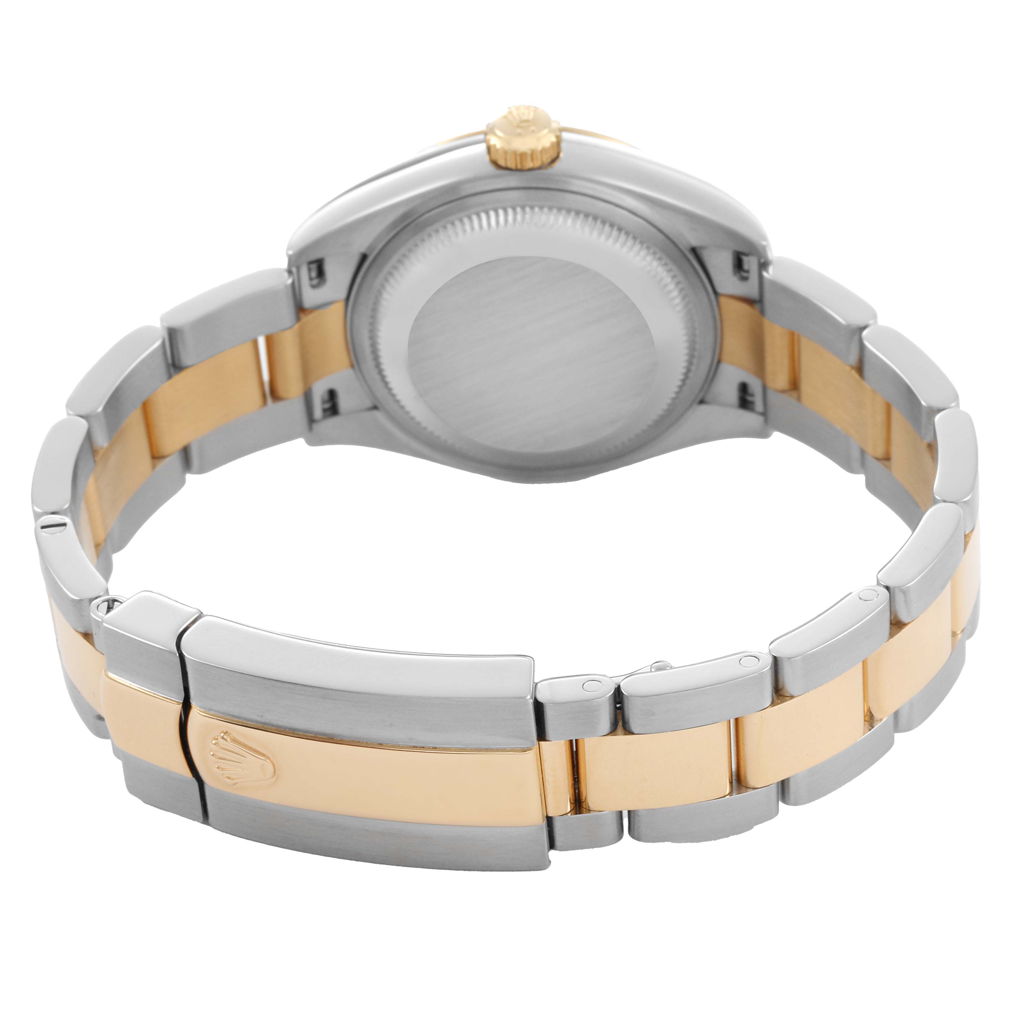 The image shows the back view of a Rolex Datejust 279163 Women's Steel and Gold (two tone) Silver Dial, highlighting the clasp and two-tone bracelet.