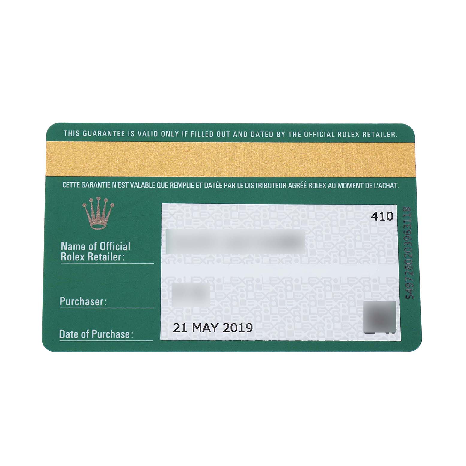This image shows a warranty card for a Rolex Datejust 279163 Women's Steel and Gold (two tone) Silver Dial, viewed from the front.
