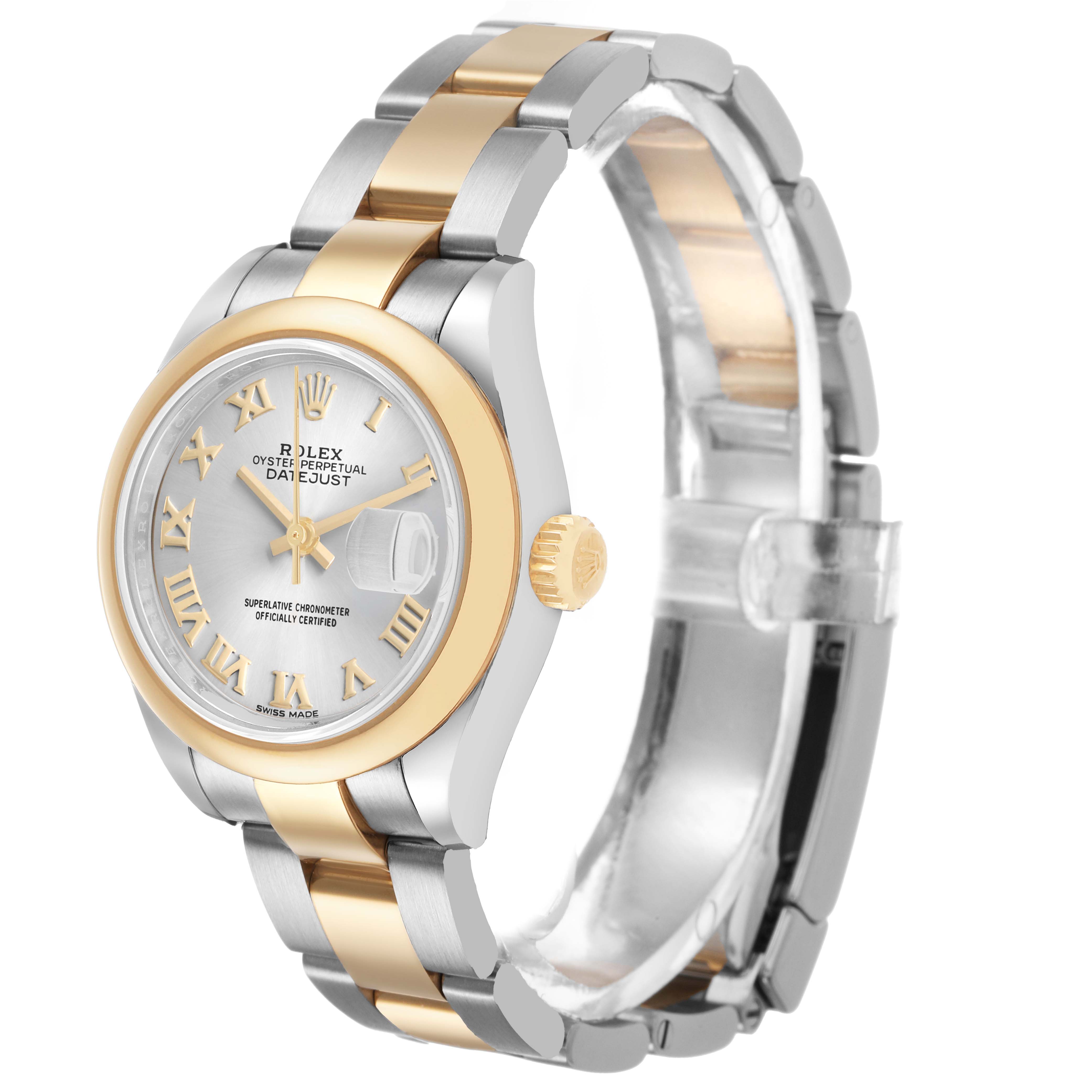 The image shows a Rolex Datejust 279163 Women's Steel and Gold (two tone) Silver Dial watch from an angled side view, highlighting the dial, bezel, and bicolor bracelet.
