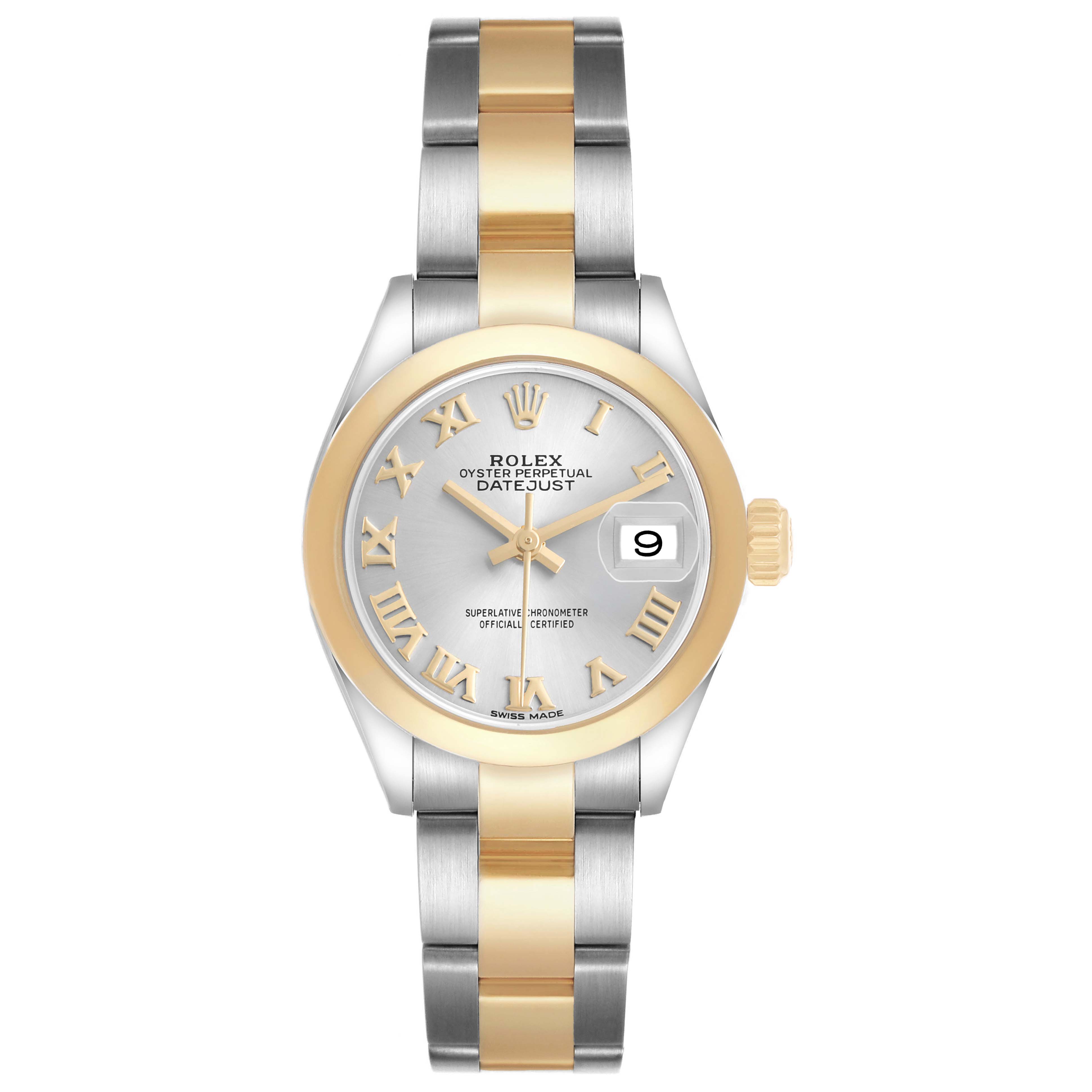 The Rolex Datejust 279163 Women's Steel and Gold (two tone) Silver Dial watch is shown from a front view, displaying the dial, hands, bracelet, and bezel prominently.