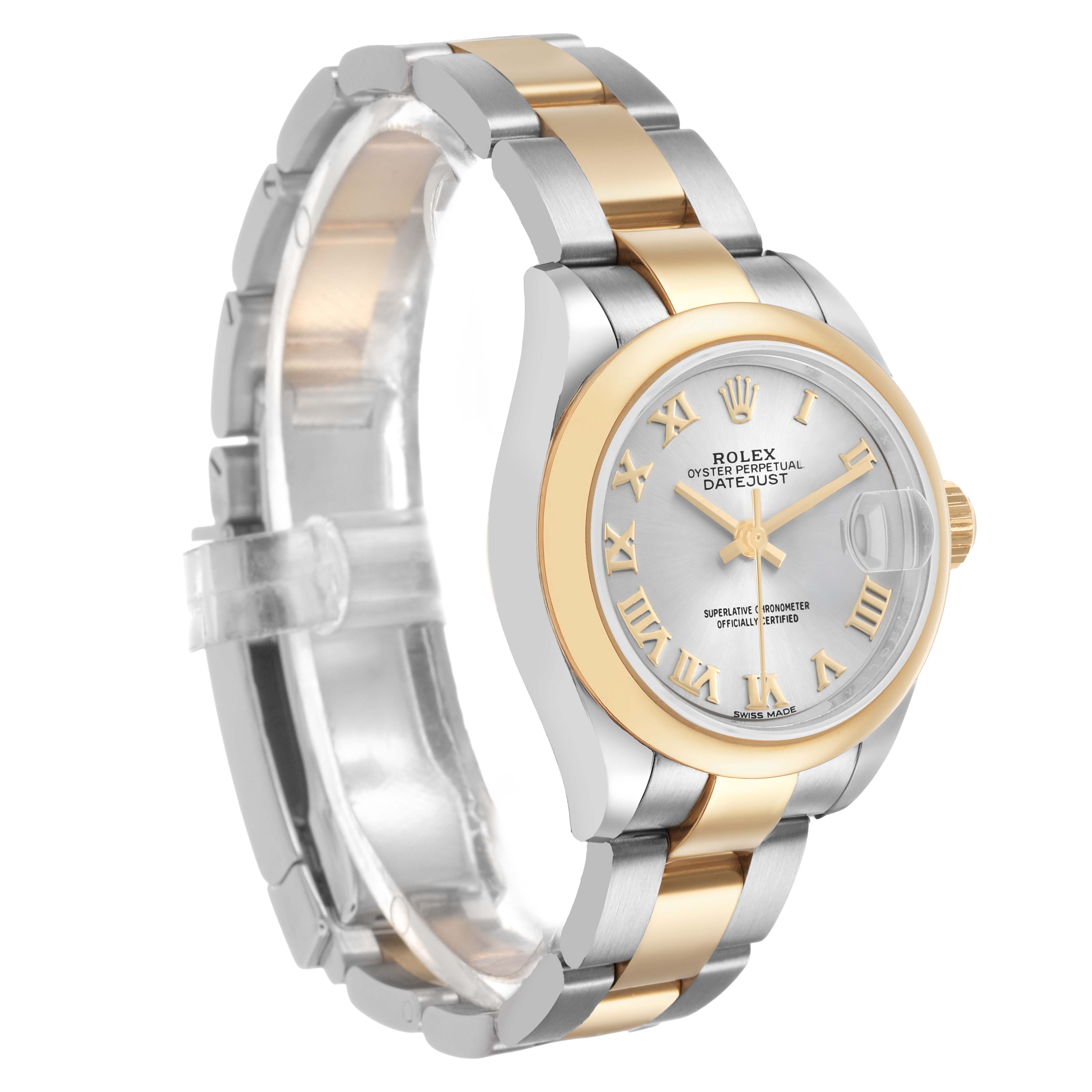 The Rolex Datejust 279163 Women's Steel and Gold (two tone) Silver Dial watch is shown at a side angle, highlighting the bezel, dial, crown, and two-tone bracelet.