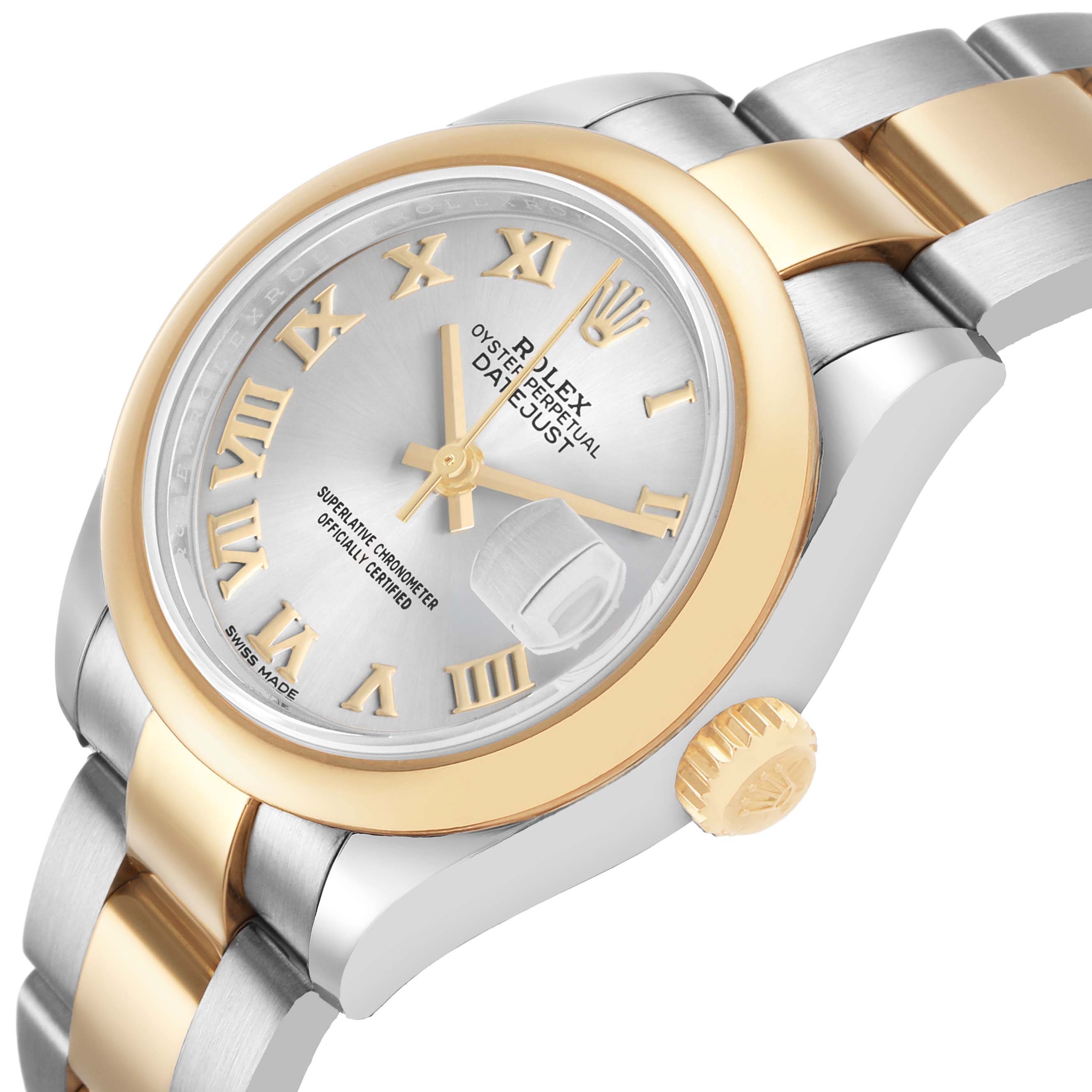 The Rolex Datejust 279163 Women's Steel and Gold (two tone) Silver Dial watch is shown at an angled side view, highlighting the gold bezel, dial, crown, and two-tone bracelet.