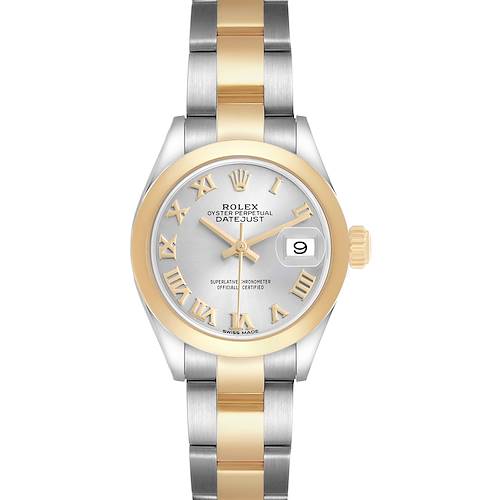 The Rolex Datejust 279163 Women's Steel and Gold (two tone) Silver Dial watch is shown from the front, displaying its face, bezel, and two-tone bracelet.